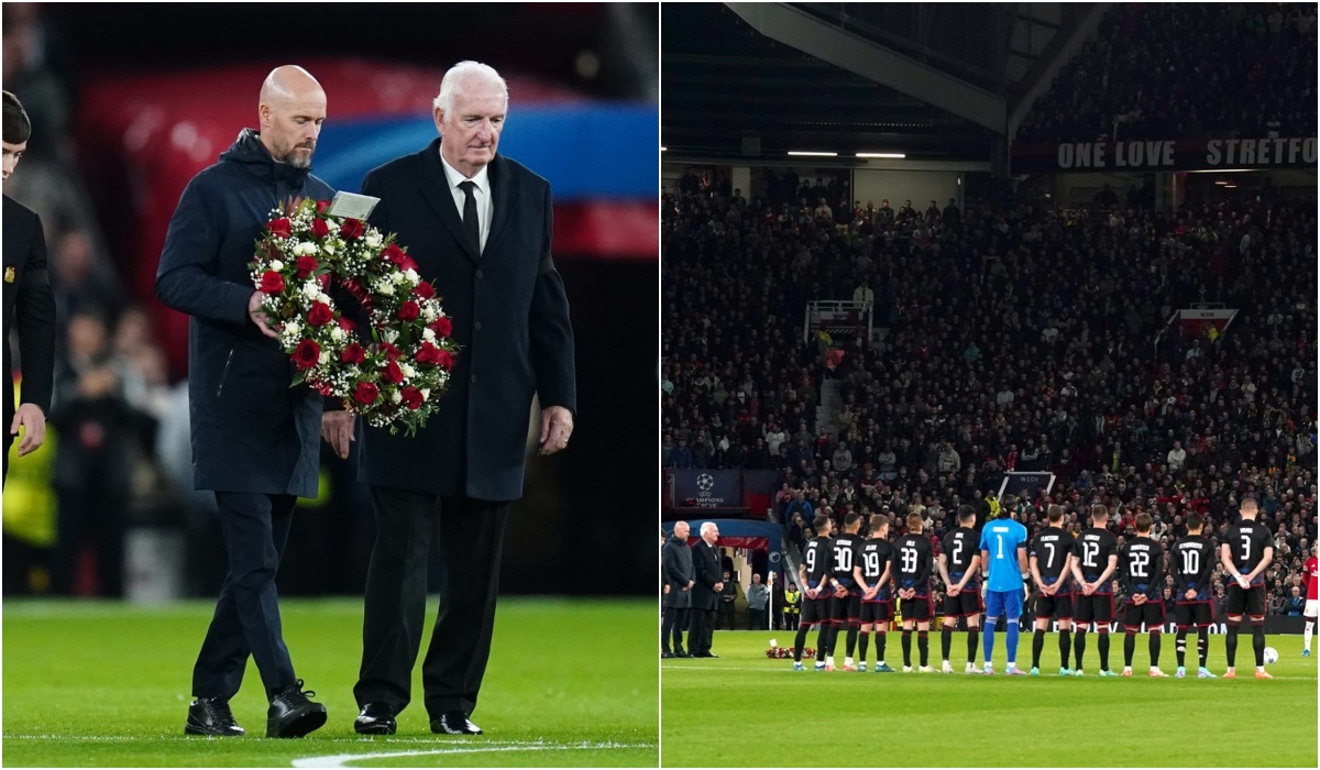 Momente copleşitoare pe Old Trafford în memoria lui Sir Bobby Charlton. Erik Ten Hag a dus o coroană la centrul terenului