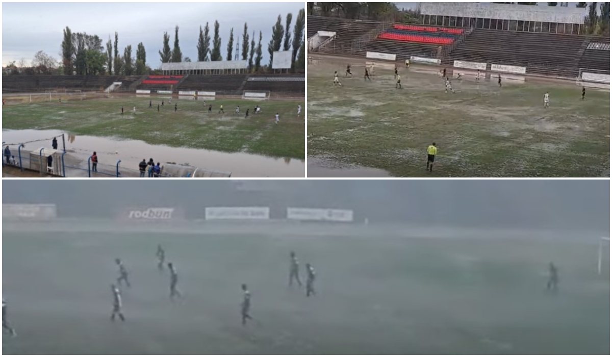 Imagini ireale în Liga 3 din România! Teren micşorat cu 3 metri în repriza a doua, din cauza bălţilor