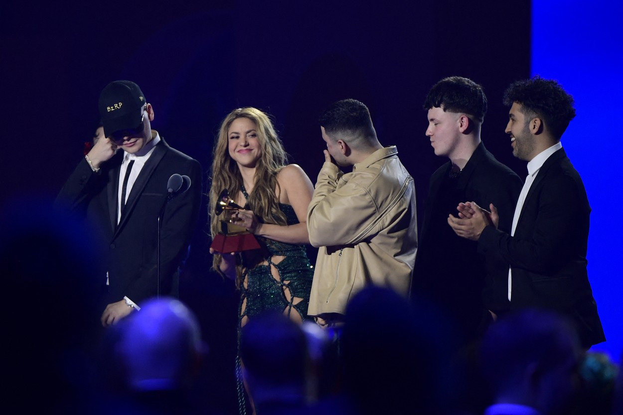 Colombian singer Shakira and Argentinian DJ and record producer Bizarrap (L) receive their Record of the Year award on stage during the 24th Annual Latin Grammy Awards ceremony at the Conference and Exhibition Centre (FIBES) in Sevilla on November 16, 2023. The Annual Latin Grammy Awards ceremony takes place for the first time out of US, gathering the most popular artists of the Latin world at the Conference and Exhibition Centre (FIBES) in Sevilla.,Image: 822525906, License: Rights-managed, Restrictions: , Model Release: no