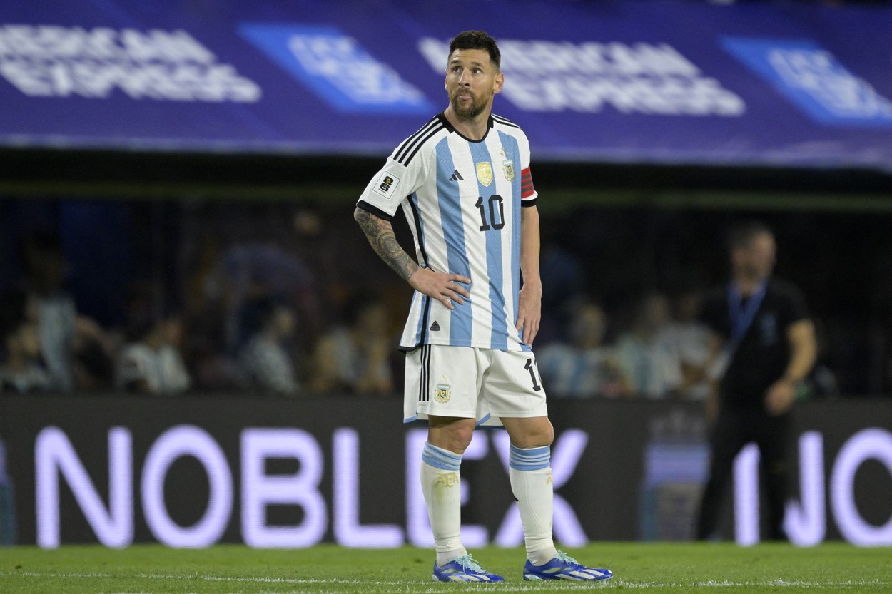 Argentina's forward Lionel Messi reacts after Uruguay's goal during the 2026 FIFA World Cup South American qualification football match between Argentina and Uruguay at La Bombonera stadium in Buenos Aires on November 16, 2023.,Image: 822542062, License: Rights-managed, Restrictions: , Model Release: no
