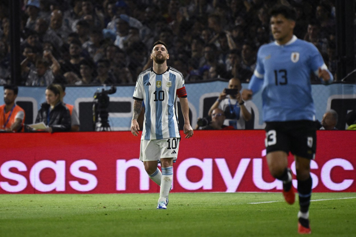 Argentina's forward Lionel Messi gestures during the 2026 FIFA World Cup South American qualification football match between Argentina and Uruguay at La Bombonera stadium in Buenos Aires on November 16, 2023.,Image: 822548192, License: Rights-managed, Restrictions: , Model Release: no
