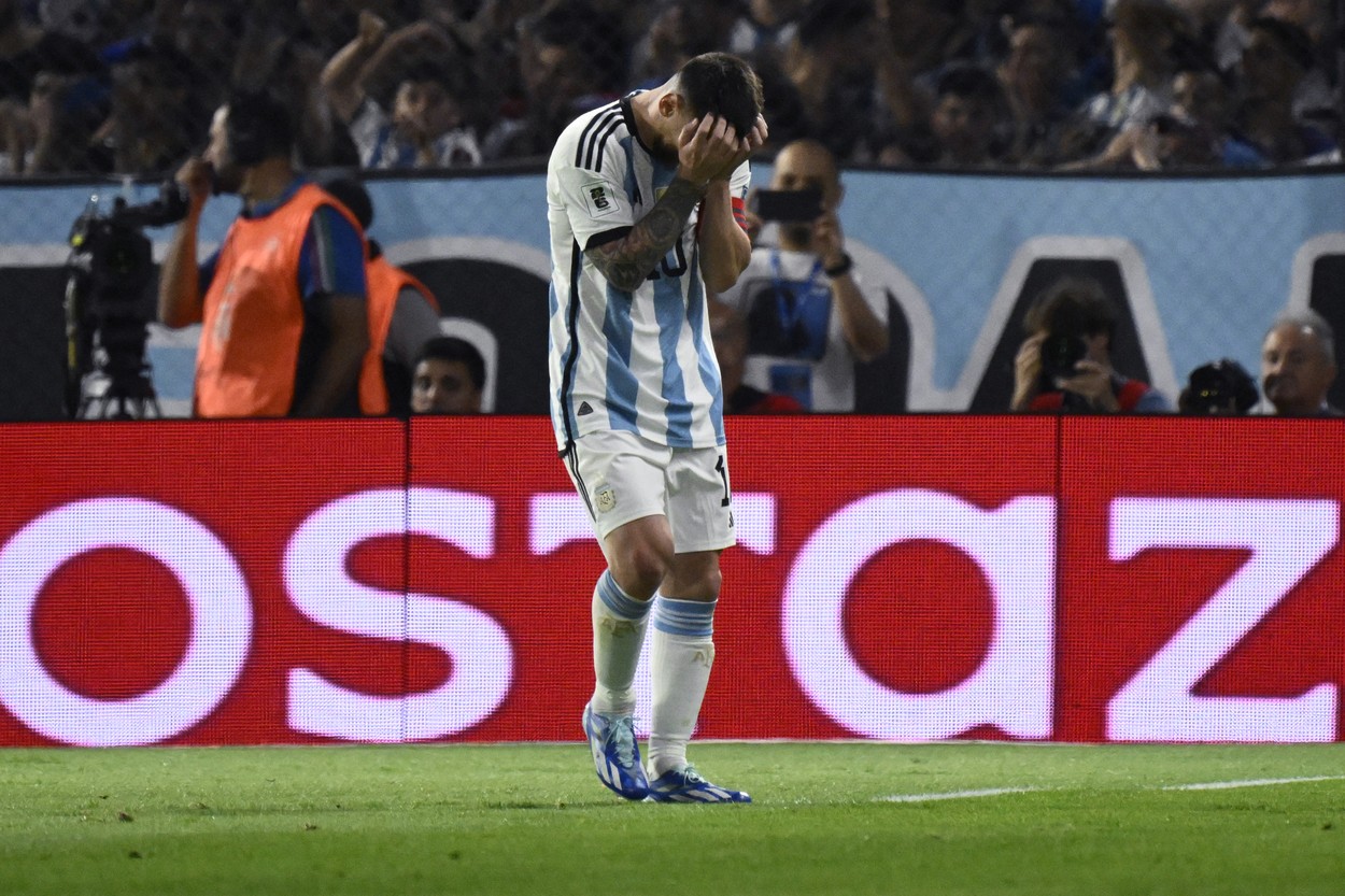 Argentina's forward Lionel Messi gestures during the 2026 FIFA World Cup South American qualification football match between Argentina and Uruguay at La Bombonera stadium in Buenos Aires on November 16, 2023.,Image: 822548626, License: Rights-managed, Restrictions: , Model Release: no