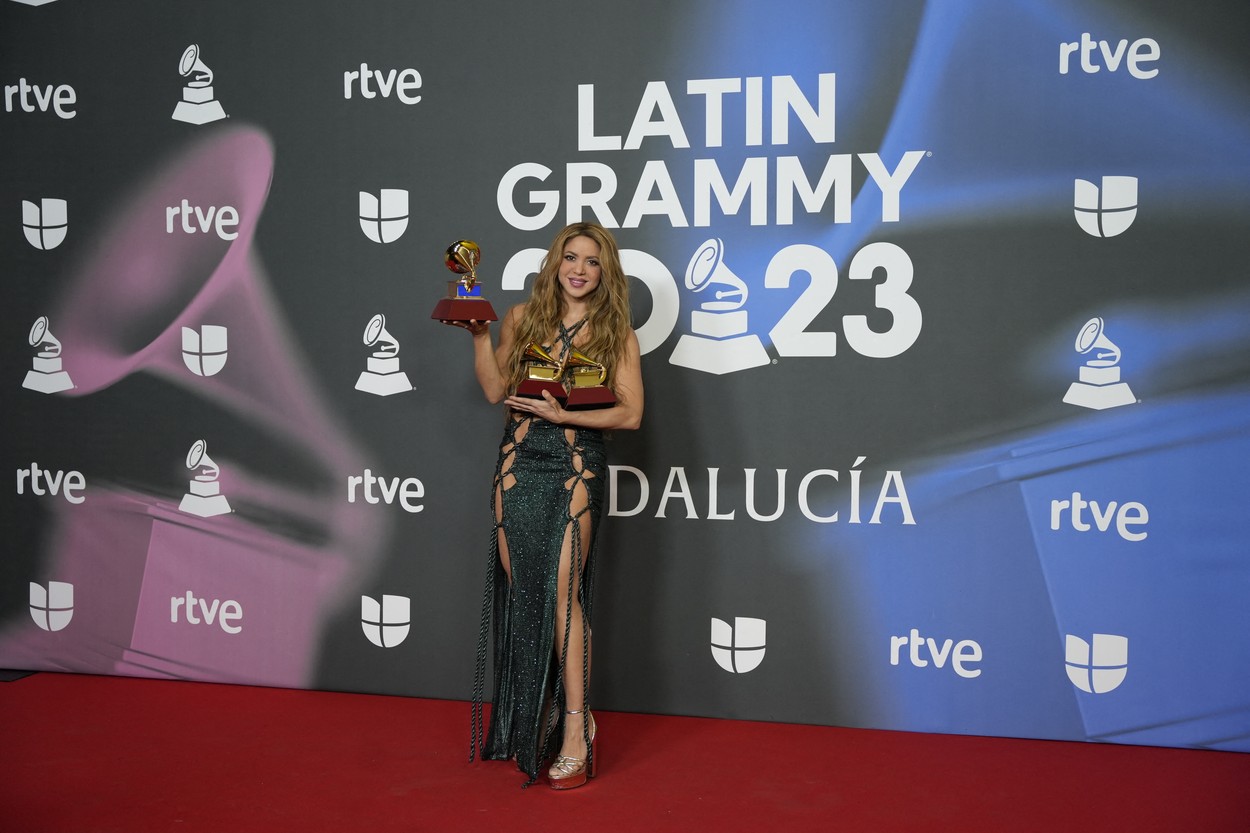 The singer Shakira, poses with the 3 Grammys that have been awarded to her during the Latin Grammy 2023 awards gala, at the Palacio de Congresos de Sevilla, on November 16, 2023, in Seville, Andalusia, Spain. Seville today hosted the 24th edition of the Latin Grammy Awards, which recognize artistic and technical excellence in Ibero-American music. This is the first time since 2000 that the Latin Grammy Awards have been held outside the United States and also the first time that the awards ceremony has been broadcast internationally. The gala could be followed on La 1 and RTVE Play.,Image: 822597890, License: Rights-managed, Restrictions: , Model Release: no