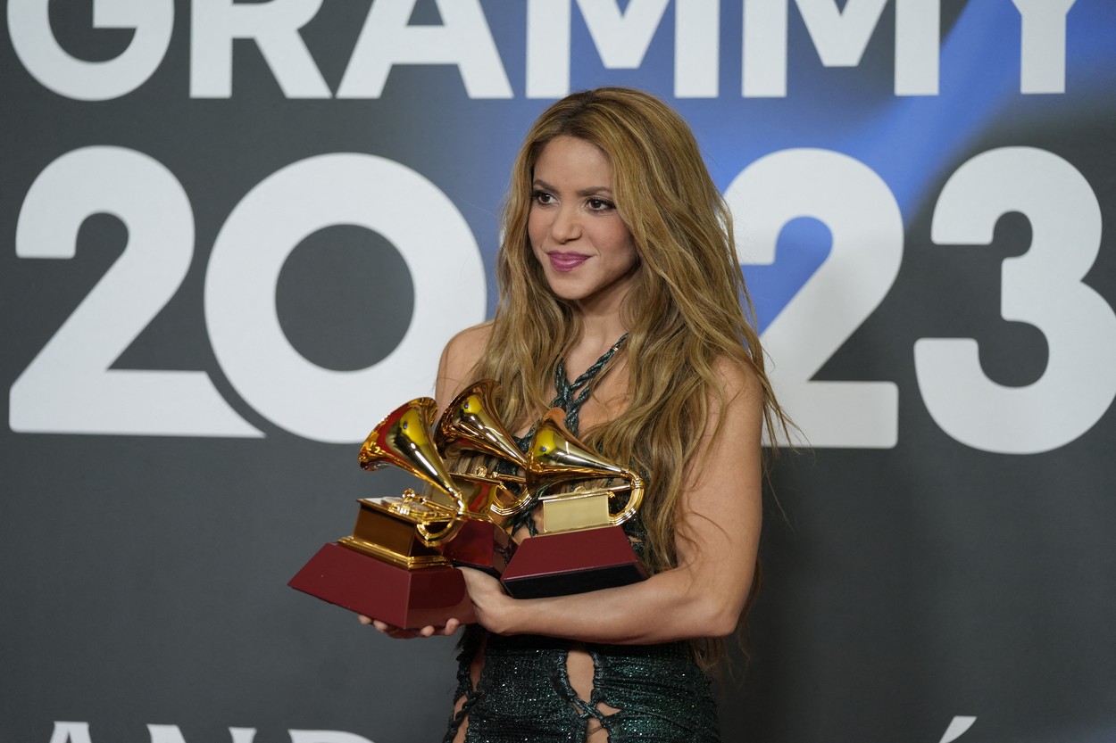 The singer Shakira, poses with the 3 Grammys that have been awarded to her during the Latin Grammy 2023 awards gala, at the Palacio de Congresos de Sevilla, on November 16, 2023, in Seville, Andalusia, Spain. Seville today hosted the 24th edition of the Latin Grammy Awards, which recognize artistic and technical excellence in Ibero-American music. This is the first time since 2000 that the Latin Grammy Awards have been held outside the United States and also the first time that the awards ceremony has been broadcast internationally. The gala could be followed on La 1 and RTVE Play.,Image: 822597899, License: Rights-managed, Restrictions: , Model Release: no