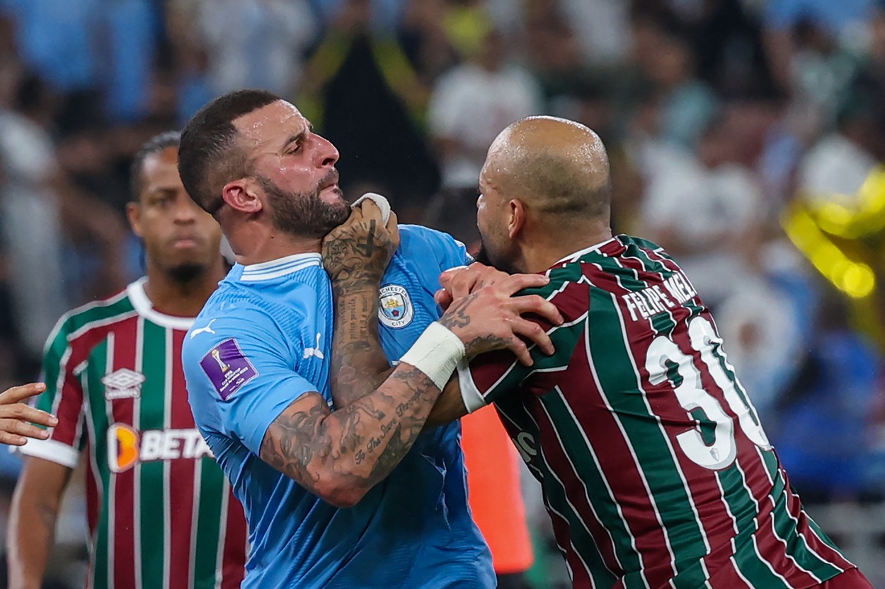 Manchester City's English defender #02 Kyle Walker and Fluminense's Brazilian defender #30 Felipe Melo push each others at the end of the FIFA Club World Cup 2023 football final match between England's Manchester City and Brazil's Fluminense at King Abdullah Sports City Stadium in Jeddah on December 22, 2023.,Image: 831829701, License: Rights-managed, Restrictions: , Model Release: no