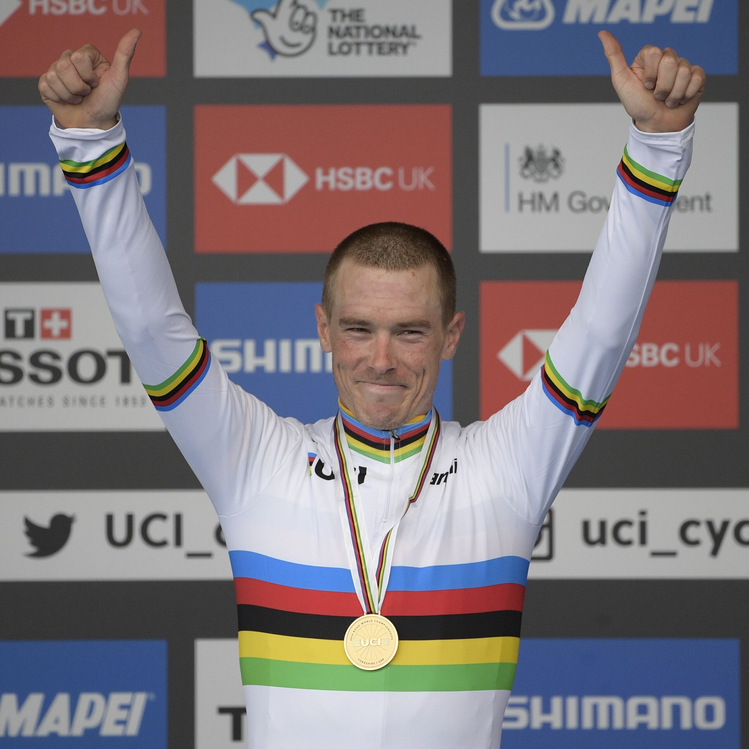 September 25, 2019, Harrogate, United Kingdom: Australian Rohan Dennis of Bahrain-Merida , winner of the gold medal celebrates on the podium of the Men Elite Individual Time Trial at the UCI Road World Championships cycling in Harrogate, North Yorkshire, United Kingdom, Wednesday 25 September 2019. The Worlds are taking place from 21 to 29 September. (Credit Image: © Yorick Jansens/Belga via ZUMA Press)