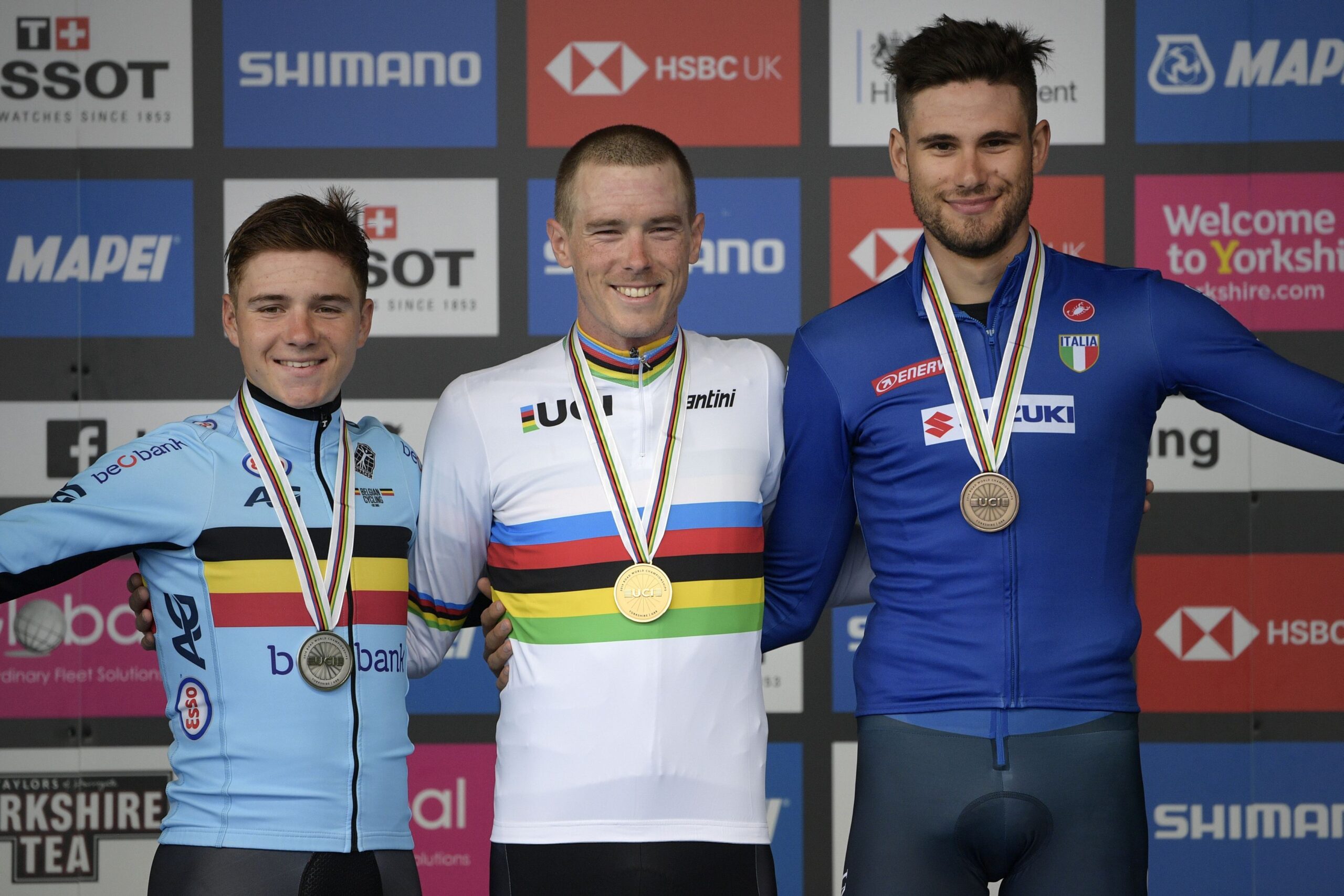 September 25, 2019, Harrogate, United Kingdom: Belgian Remco Evenepoel, Australian Rohan Dennis and Italian Filippo Ganna pictured on the podium after the Men Elite Individual Time Trial at the UCI Road World Championships cycling in Harrogate, North Yorkshire, United Kingdom, Wednesday 25 September 2019. The Worlds are taking place from 21 to 29 September. (Credit Image: © Yorick Jansens/Belga via ZUMA Press)