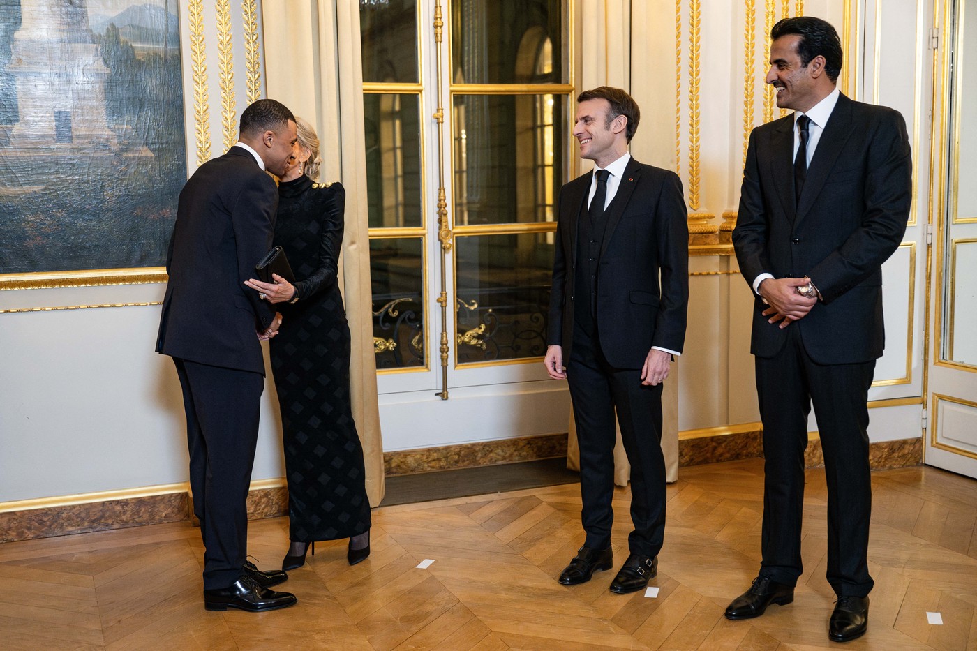 Kylian Mbappe, Brigitte Macron, President Emmanuel Macron, Qatar s Emir Sheikh Tamim bin Hamad al-Thani at an official dinner on the sidelines of the state visit of Emir of Qatar Sheikh Tamim bin Hamad Al Thani at the Elysee Palace in Paris, France on February 27, 2024.,Image: 851708422, License: Rights-managed, Restrictions: , Model Release: no