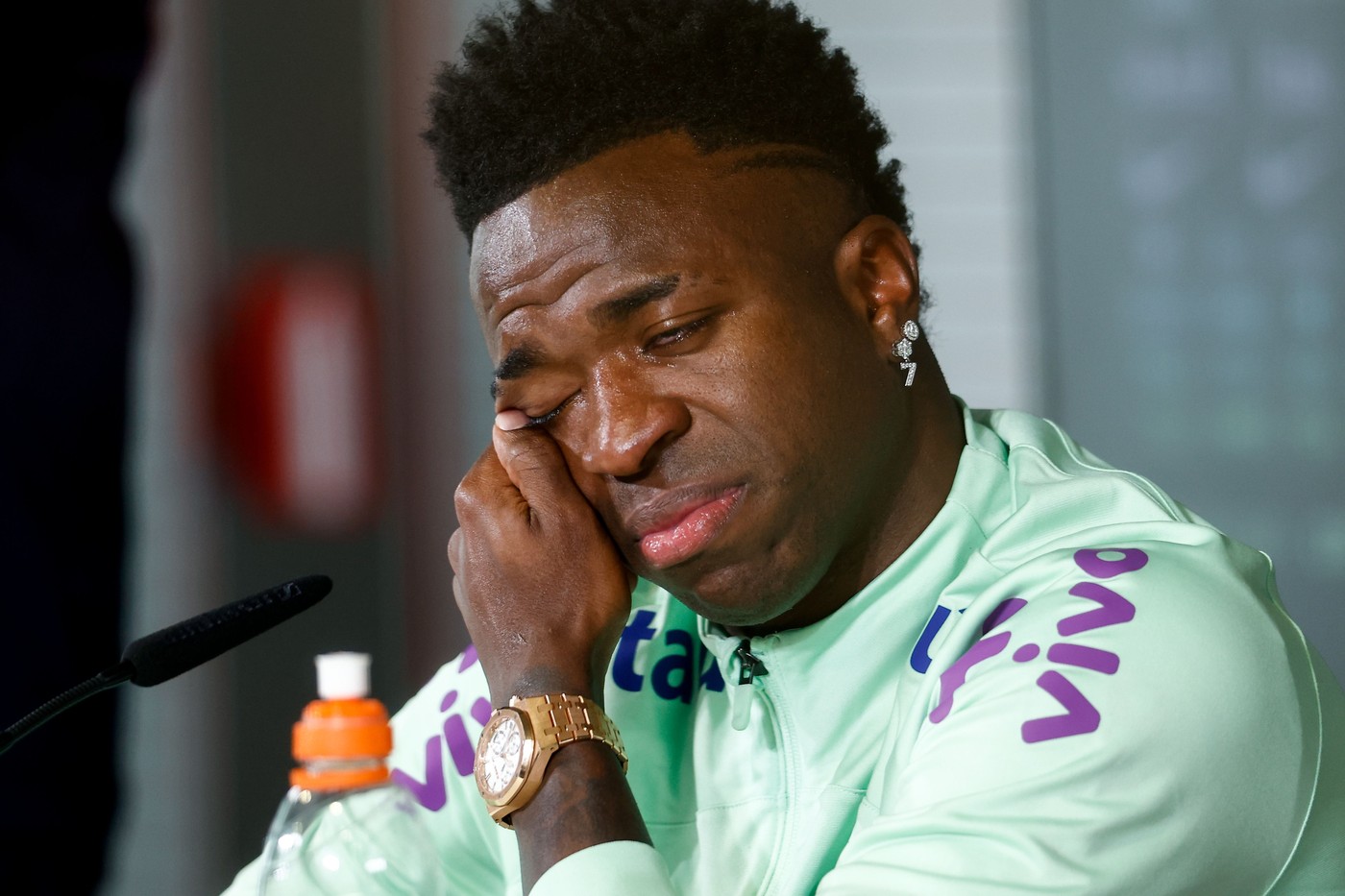 Vinicius Junior breaks down to cry during his press conference during the training session of Brazil Team prior the friendly match against Spain at Ciudad Deportiva Real Madrid on March 25, 2024, in Valdebebas, Madrid, Spain.
Vinicius Junior Press Conference - Brazil Team training session in Madrid, Valdebebas, Spain - 25 Mar 2024,Image: 859478374, License: Rights-managed, Restrictions: , Model Release: no
