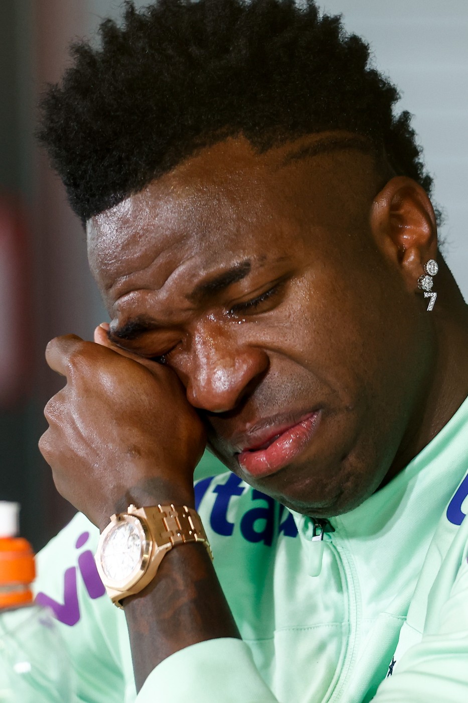 March 25, 2024, Valdebebas, Madrid, SPAIN: Vinicius Junior breaks down to cry during his press conference during the training session of Brazil Team prior the friendly match against Spain at Ciudad Deportiva Real Madrid on March 25, 2024, in Valdebebas, Madrid, Spain.,Image: 859482325, License: Rights-managed, Restrictions: , Model Release: no