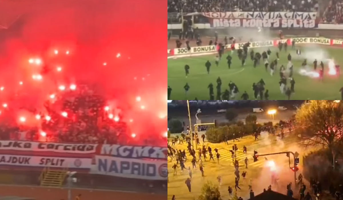 Scene incredibile la Hajduk Split – Dinamo Zagreb! Show pirotehnic pe stadion lăsat cu bătăi și un val de arestări după meci