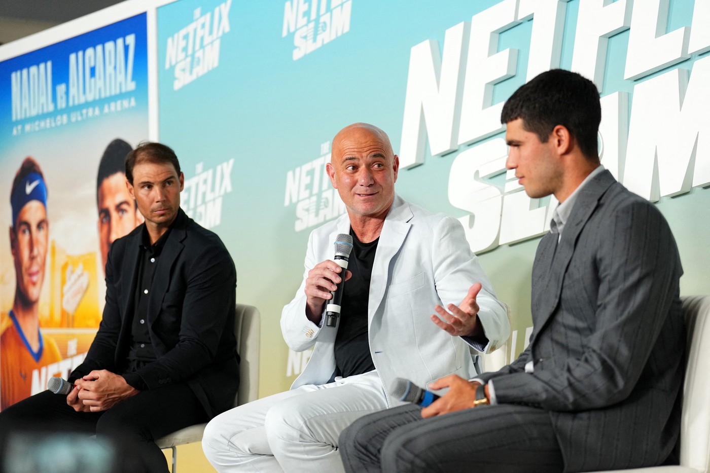LAS VEGAS, NEVADA - MARCH 02: (L-R) Rafael Nadal, Andre Agassi and Carlos Alcaraz speak onstage during The Netflix Slam media availability event at Mandalay Bay Resort and Casino on March 02, 2024 in Las Vegas, Nevada.   Chris Unger,Image: 853141113, License: Rights-managed, Restrictions: , Model Release: no
