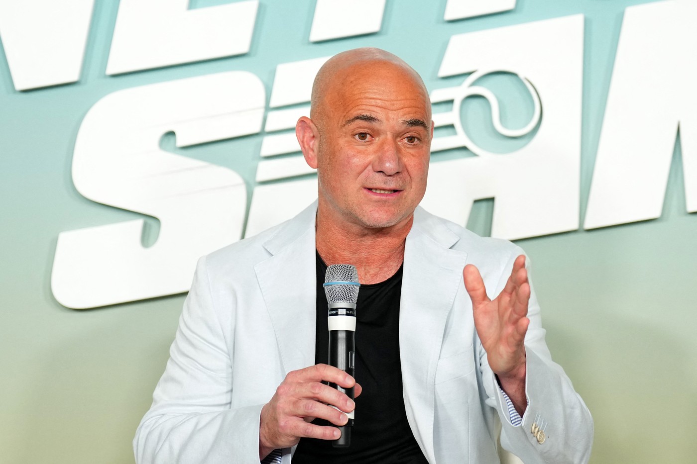 LAS VEGAS, NEVADA - MARCH 02: Andre Agassi speaks onstage during The Netflix Slam media availability event at Mandalay Bay Resort and Casino on March 02, 2024 in Las Vegas, Nevada.   Chris Unger,Image: 853143114, License: Rights-managed, Restrictions: , Model Release: no