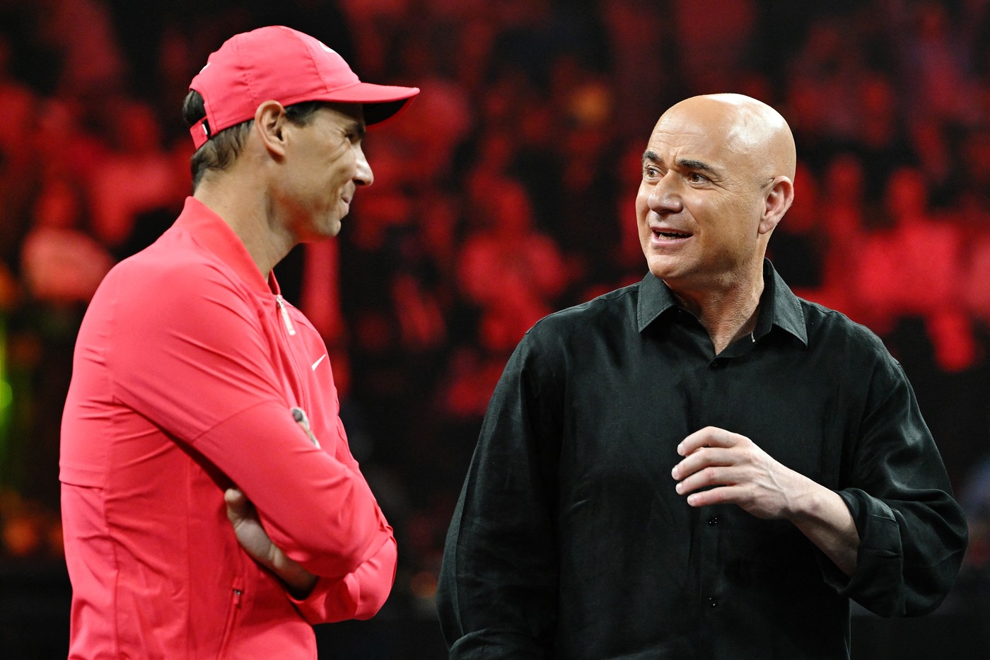 LAS VEGAS, NEVADA - MARCH 03: (L-R) Rafael Nadal and Andre Agassi speak during The Netflix Slam, a live Netflix Sports event at the MGM Resorts | Michelob Ultra Arena on March 03, 2024 in Las Vegas, Nevada.   Candice Ward,Image: 853440059, License: Rights-managed, Restrictions: , Model Release: no