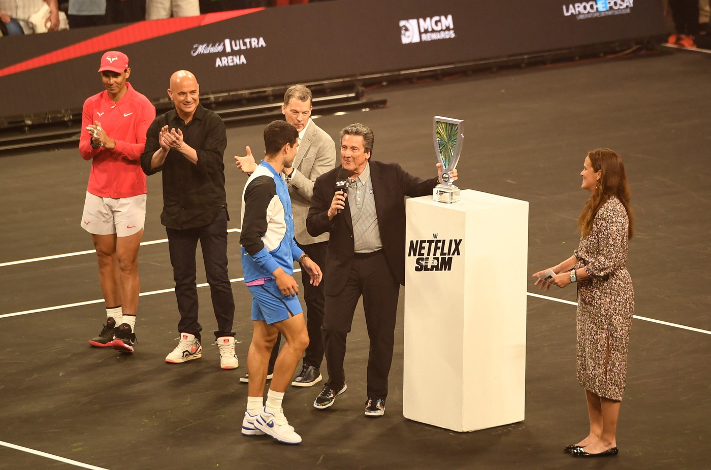Carlos Alcaraz defeats Rafael Nadal at The Netflix Slam, Taylor Fritz wins The ACE Challenge during The Netflix Slam.
03 Mar 2024,Image: 853447962, License: Rights-managed, Restrictions: World Rights, Model Release: no, Pictured: (L-R) Rafael Nadal, Andre Agassi, Carlos Alcaraz, Greg Peters, and Bill Hornbuckle