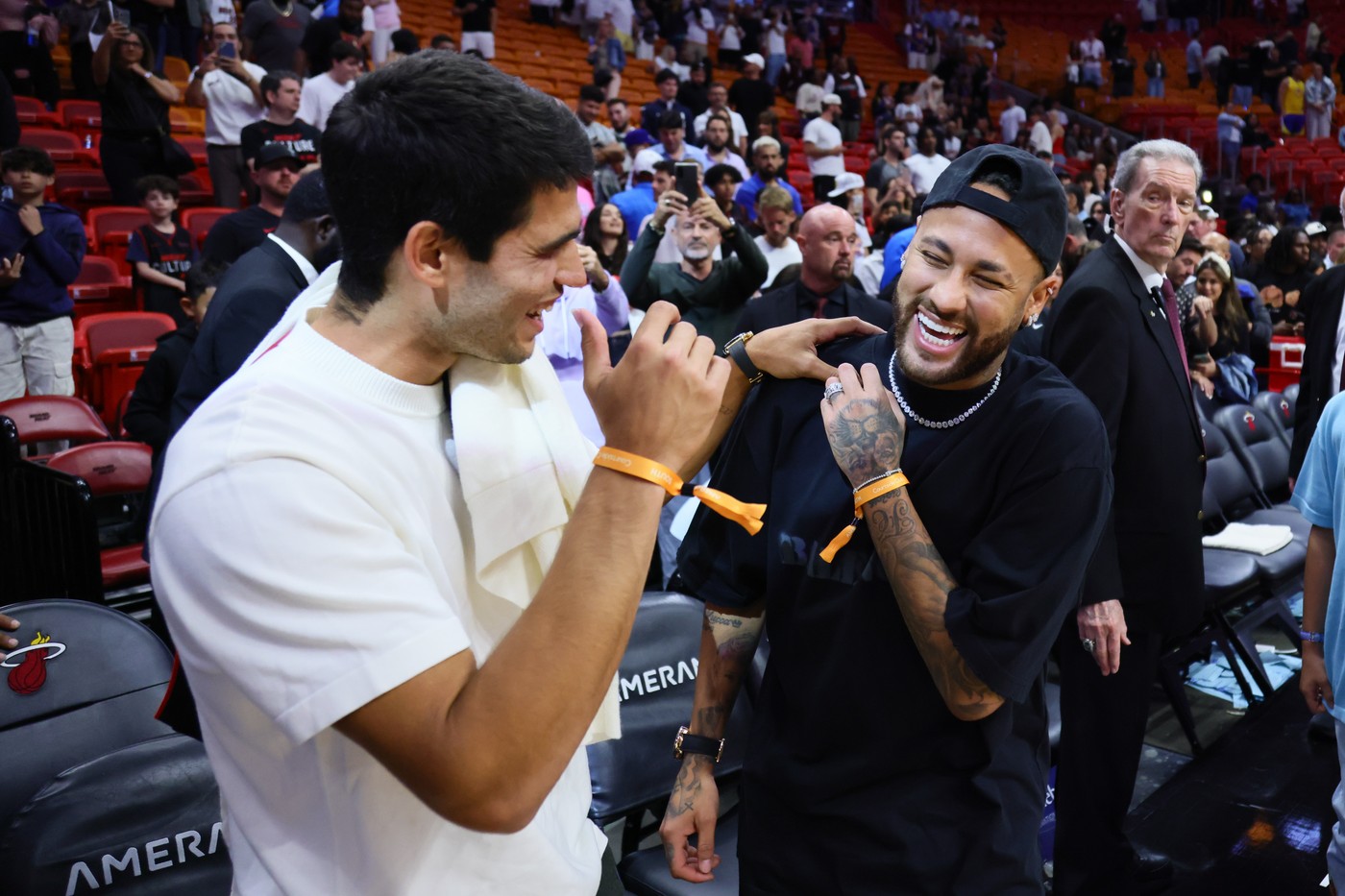 Mar 26, 2024; Miami, Florida, USA; Spanish professional tennis Player Carlos Alcaraz and Brazilian soccer player Neymar Jr. react after the game between the Miami Heat and the Golden State Warriors at Kaseya Center.,Image: 859907237, License: Rights-managed, Restrictions: , Model Release: no
