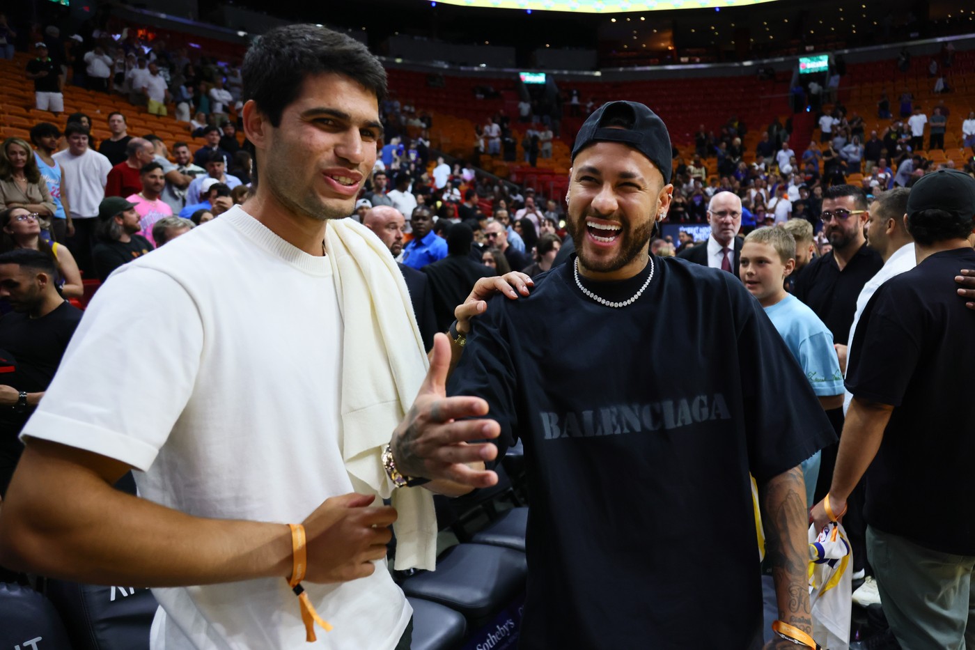 Mar 26, 2024; Miami, Florida, USA; Spanish professional tennis Player Carlos Alcaraz and Brazilian soccer player Neymar Jr. react after the game between the Miami Heat and the Golden State Warriors at Kaseya Center.,Image: 859907265, License: Rights-managed, Restrictions: , Model Release: no