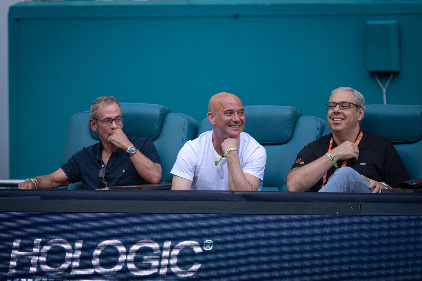 MIAMI GARDENS, FLORIDA - MARCH 30: American former world tennis player Andre Agassi (C) follows the Finals of women’s singles of 2024 Miami Open at Hard Rock Stadium on March 30, 2024 in Miami Gardens, Florida. Arturo Jimenez / Anadolu/ABACAPRESS.COM,Image: 861288651, License: Rights-managed, Restrictions: , Model Release: no
