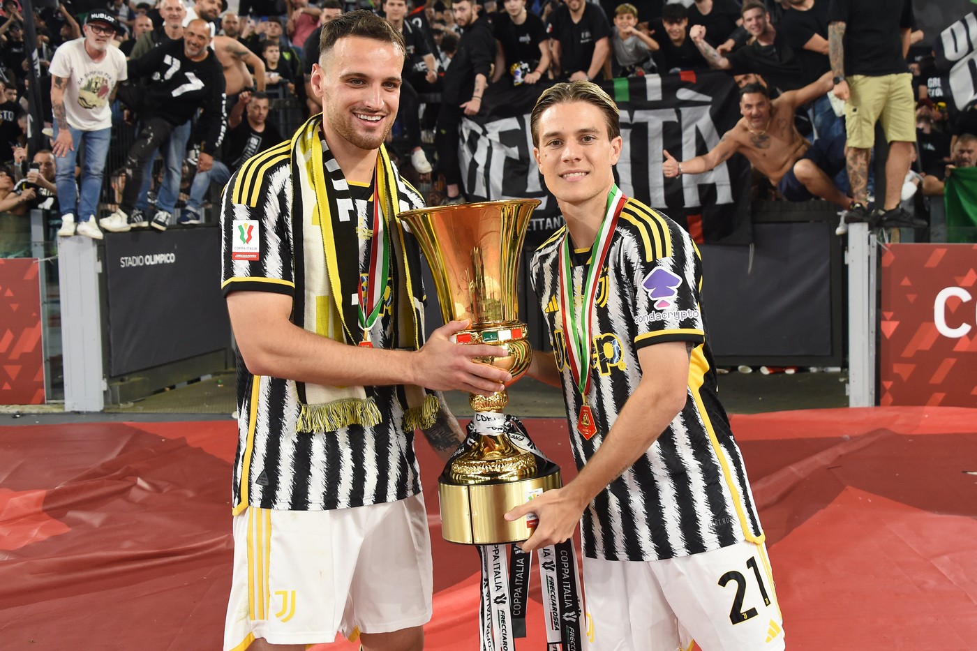 Rome, Italy: Federico Gatti of Juventus,Nicolo Fagioli of Juventus celebrate the victory by raising the Italian Cup during the Italy cup final match between Atalanta v Juventus at Olympic stadium, Italy, May 15th, 2024. .Mattia Vian  during  Final - Juventus FC vs Atalanta BC, Italian football Coppa Italia match in Rome, Italy, May 15 2024,Image: 873457677, License: Rights-managed, Restrictions: * Italy Rights OUT *, Model Release: no