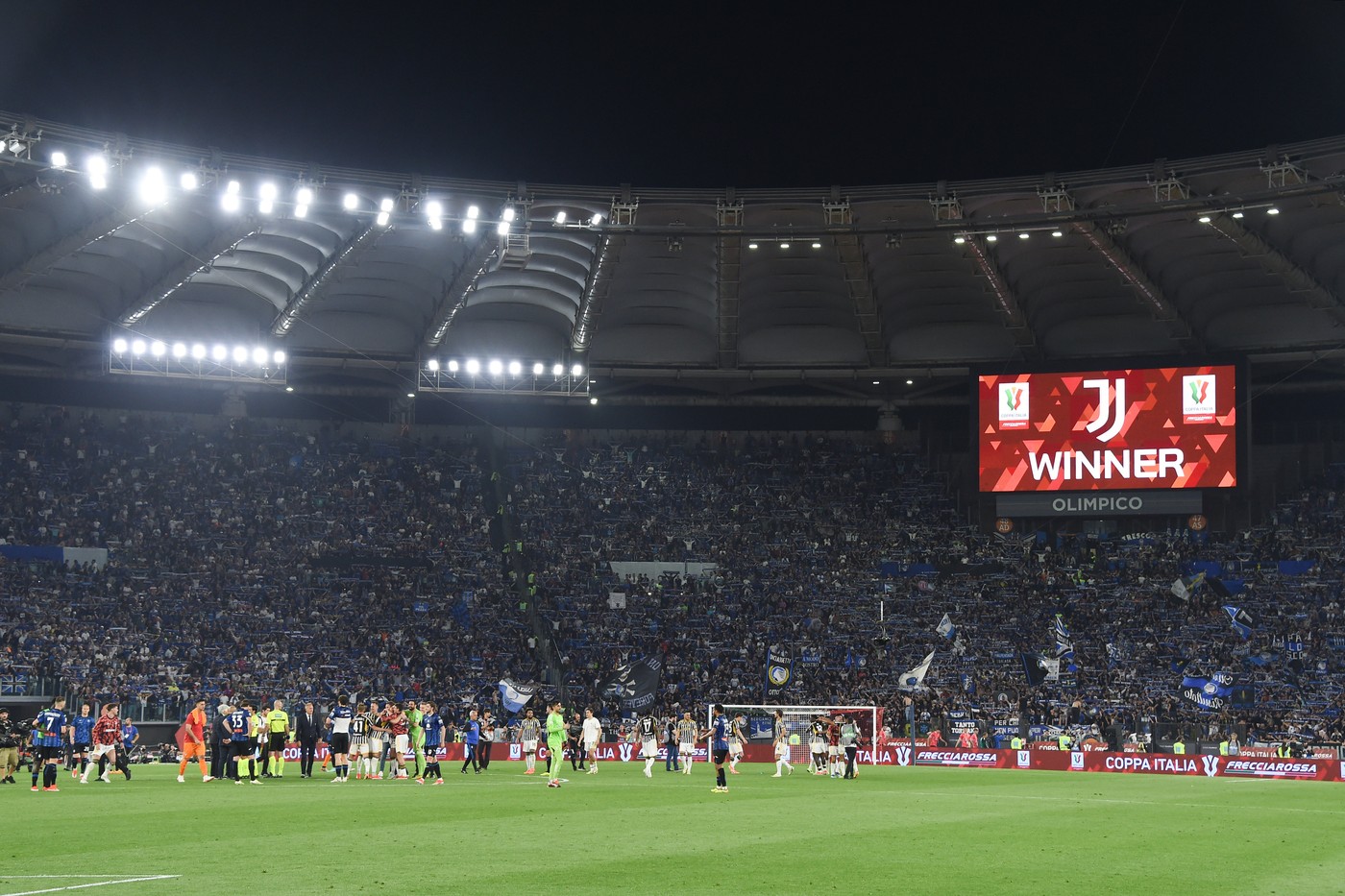 Rome, Italy: Juventus wins the Italian Cup during the Italy cup final match between Atalanta v Juventus at Olympic stadium, Italy, May 15th, 2024. .Mattia Vian  during  Final - Juventus FC vs Atalanta BC, Italian football Coppa Italia match in Rome, Italy, May 15 2024,Image: 873460036, License: Rights-managed, Restrictions: * Italy Rights OUT *, Model Release: no