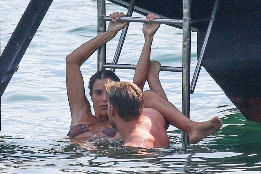 TREMEZZO, ITALY  - *EXCLUSIVE*  - Danish professional footballer Nicklas Bendtner and his girlfriend Philine Roepstorff have some fun in the sun as they enjoy a break in Tremezzo, Italy.

PICS TAKEN: 10/07/2020

BACKGRID UK 11 JULY 2020,Image: 541960699, License: Rights-managed, Restrictions: RIGHTS: WORLDWIDE EXCEPT IN ITALY, Model Release: no, Pictured: Nicklas Bendtner, Philine Roepstorff