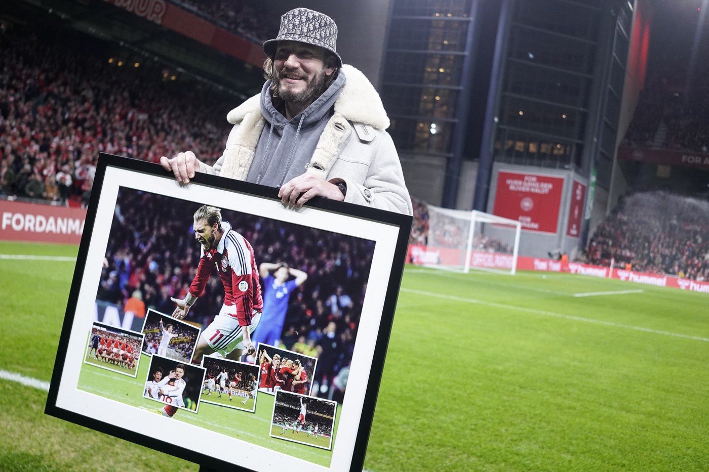 Former national team player Nicklas Bendtner is praised for his national team career before the match. EC qualification match between Denmark - Finland in Parken Copenhagen, Thursday 23 March 2023. (Photo: Liselotte Sabroe/Scanpix 2023),Image: 764749311, License: Rights-managed, Restrictions: , Model Release: no