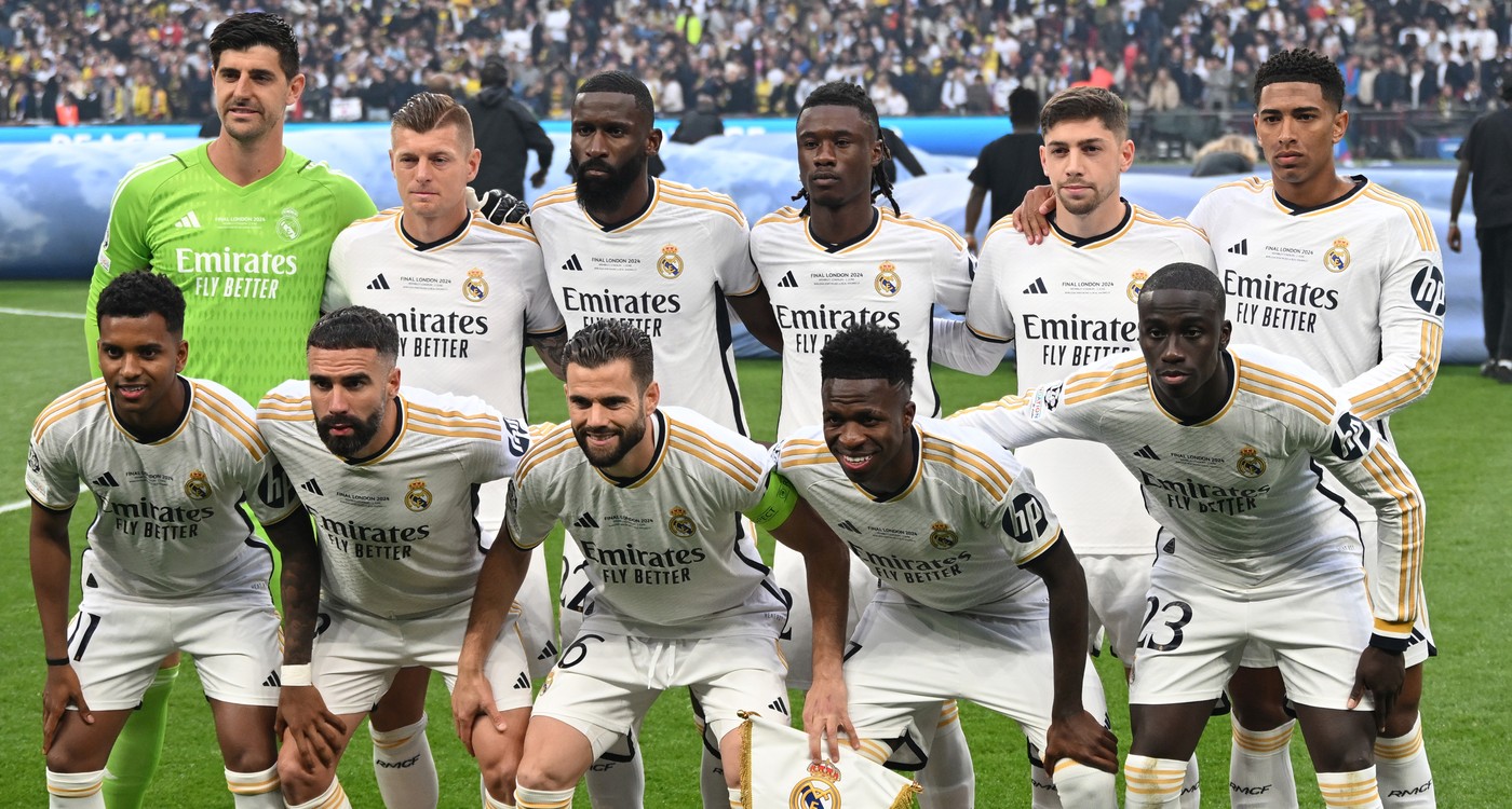 01 June 2024, Great Britain, London: Soccer: Champions League, Borussia Dortmund - Real Madrid, Final, Wembley Stadium, the Real Madrid players lined up for a team photo before the match.,Image: 878169800, License: Rights-managed, Restrictions: , Model Release: no