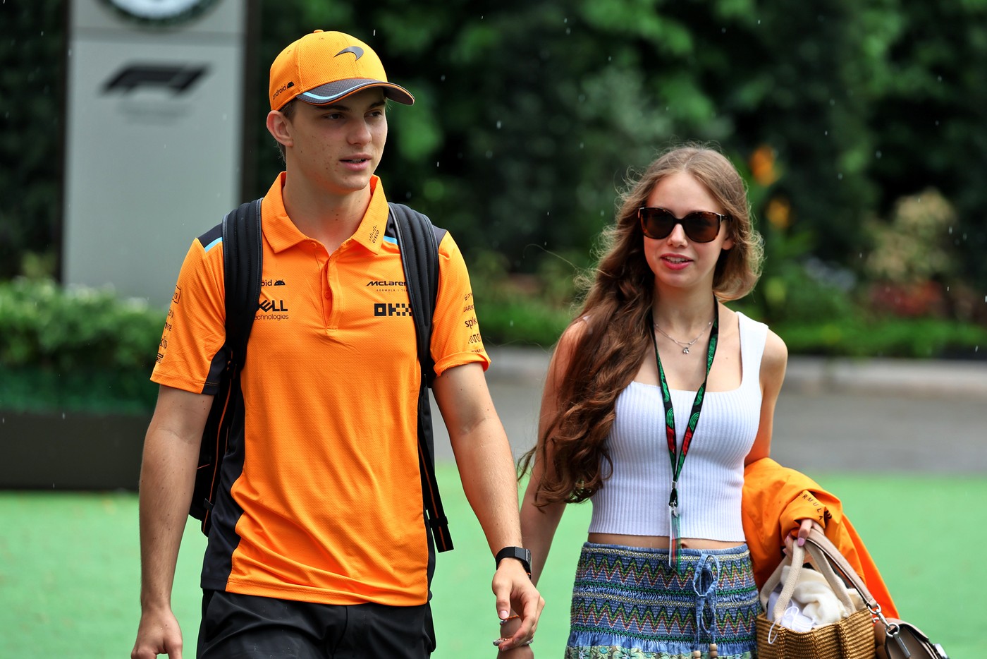 (L to R): Oscar Piastri (AUS) McLaren with girlfriend Lily Zneimer (GBR).
Formula 1 World Championship, Rd 16, Singapore Grand Prix, Saturday 16th September 2023. Marina Bay Street Circuit, Singapore.,Image: 805705195, License: Rights-managed, Restrictions: World Rights - Editorial use only, Model Release: no