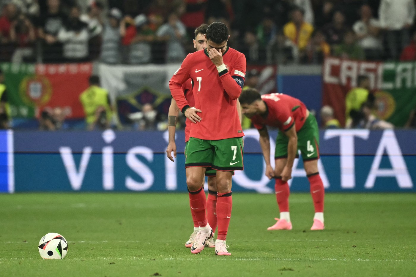 Portugal's forward #07 Cristiano Ronaldo reacts after missing a penalty shot during the UEFA Euro 2024 round of 16 football match between Portugal and Slovenia at the Frankfurt Arena in Frankfurt am Main on July 1, 2024.,Image: 886406331, License: Rights-managed, Restrictions: , Model Release: no