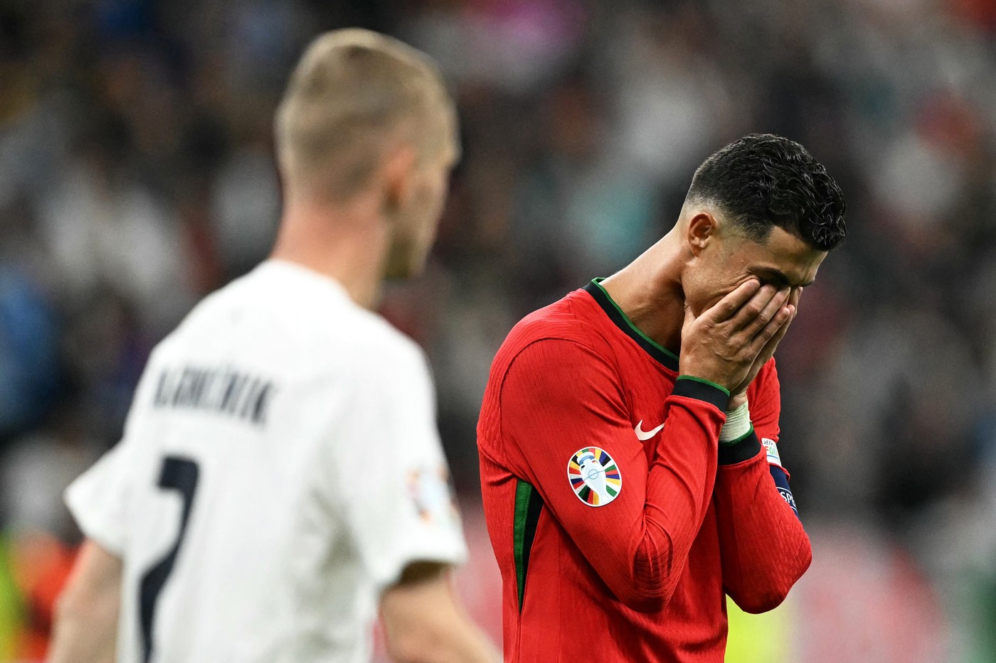 Portugal's forward #07 Cristiano Ronaldo reacts after missing a penalty kick during the UEFA Euro 2024 round of 16 football match between Portugal and Slovenia at the Frankfurt Arena in Frankfurt am Main on July 1, 2024.,Image: 886407106, License: Rights-managed, Restrictions: , Model Release: no