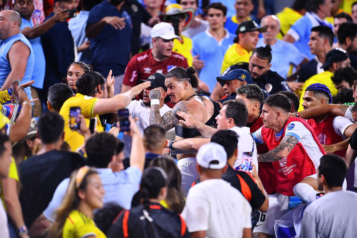 RECORD DATE NOT STATED Copa America USA 2024 Uruguay 0-1 Colombia - Semifinal Darwin Nunez of Uruguay fights with Fans o Aficion during the CONMEBOL Copa America 2024 Semi-final match between Uruguay and Colombia, at Bank of America Stadium, on July 10, 2024 in Charlotte, North Carolina, United States. CHARLOTTE NORTH CAROLINA UNITED STATES Copyright: xAdrianxMaciasx 20240710211703_CA_SF_2024_URU_COL_NUNEZ250,Image: 888932405, License: Rights-managed, Restrictions: PUBLICATIONxNOTxINxMEXxCHNxRUS, Credit images as 