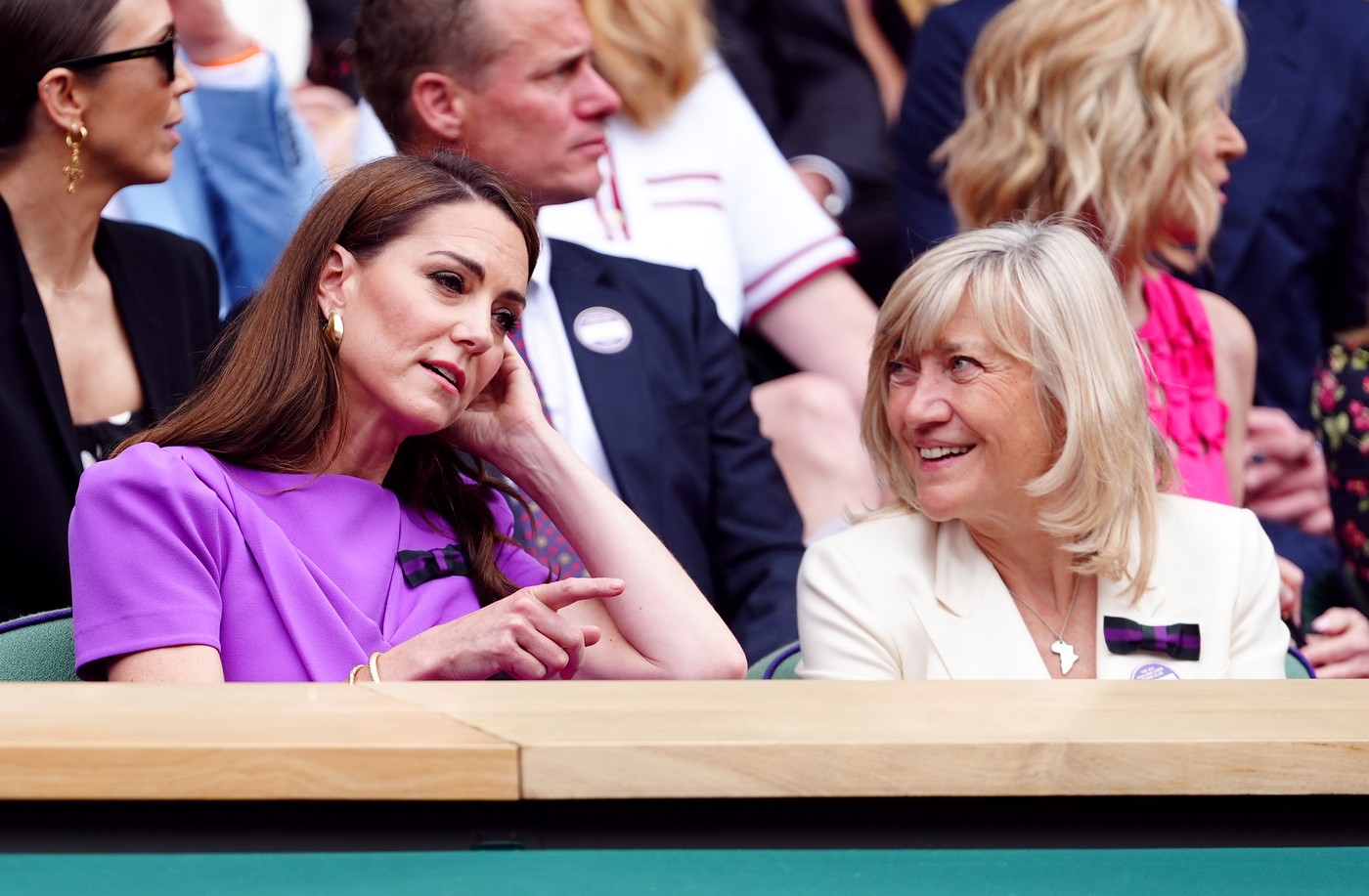 The Princess of Wales and Debbie Jevans, AELTC Chair in the royal box on day fourteen of the 2024 Wimbledon Championships at the All England Lawn Tennis and Croquet Club, London. Picture date: Sunday July 14, 2024.,Image: 889646647, License: Rights-managed, Restrictions: Editorial use only. No commercial use without prior written consent of the AELTC. Still image use only - no moving images to emulate broadcast. No superimposing or removal of sponsor/ad logos., Model Release: no