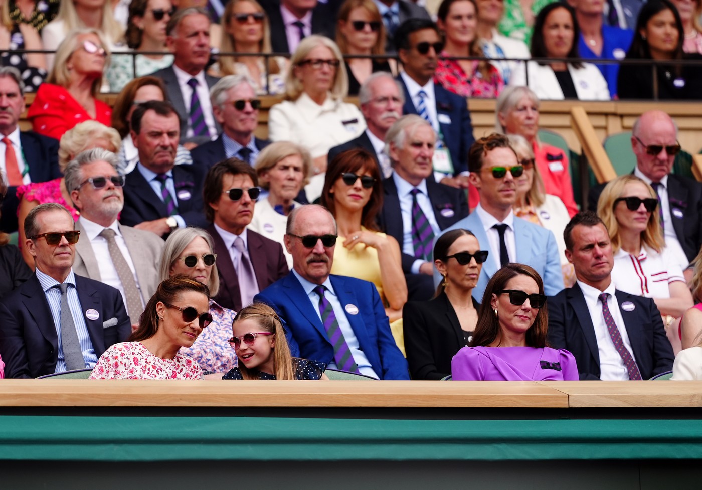 The Princess of Wales, Pippa Middleton, Princess Charlotte, Tom Cruise, Christopher McQuarrie, Benedict Cumberbatch, Sophie Hunter and Julia Roberts in the royal box on day fourteen of the 2024 Wimbledon Championships at the All England Lawn Tennis and Croquet Club, London. Picture date: Sunday July 14, 2024.,Image: 889650609, License: Rights-managed, Restrictions: Editorial use only. No commercial use without prior written consent of the AELTC. Still image use only - no moving images to emulate broadcast. No superimposing or removal of sponsor/ad logos., Model Release: no