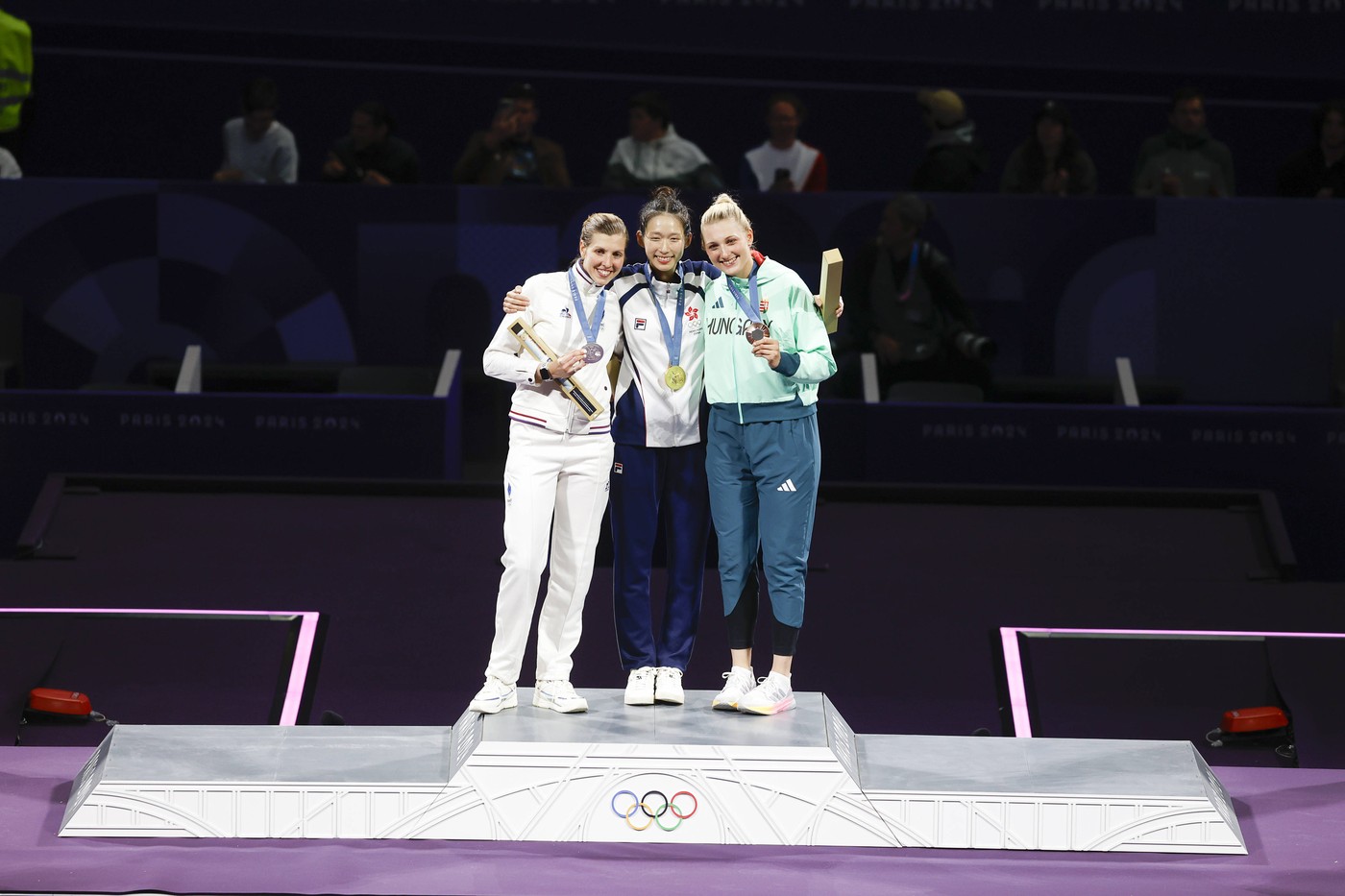 MALLO-BRETON Auriane of France, KONG Man Wai Vivian of Hong Kong, China, MUHARI Eszter of Hungary, Women s Ă‰pĂ©e Individual Fencing, podium, during the Olympic Games, Olympische Spiele, Olympia, OS Paris 2024 on 27 July 2024 at Le Grand Palais in Paris, France - Photo Gregory Lenormand / DPPI Media / Panoramic OLYMPIC GAMES PARIS 2024 - 27/07 DPPI/Panoramic 21024004_GRL_6409,Image: 893226869, License: Rights-managed, Restrictions: PUBLICATIONxNOTxINxFRAxBEL, Credit images as 