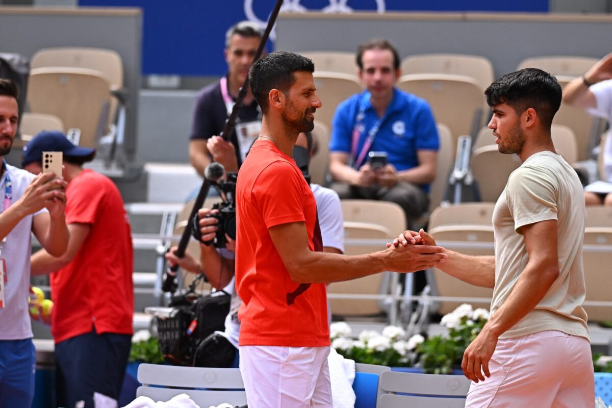 Carlos Alcaraz (ESP) and Novak Djokovic (SRB) during practice at the 2024 Olympics Games at Roland-Garros in Paris, FRANCE, on July 25, 2024.,Image: 892353907, License: Rights-managed, Restrictions: , Model Release: no