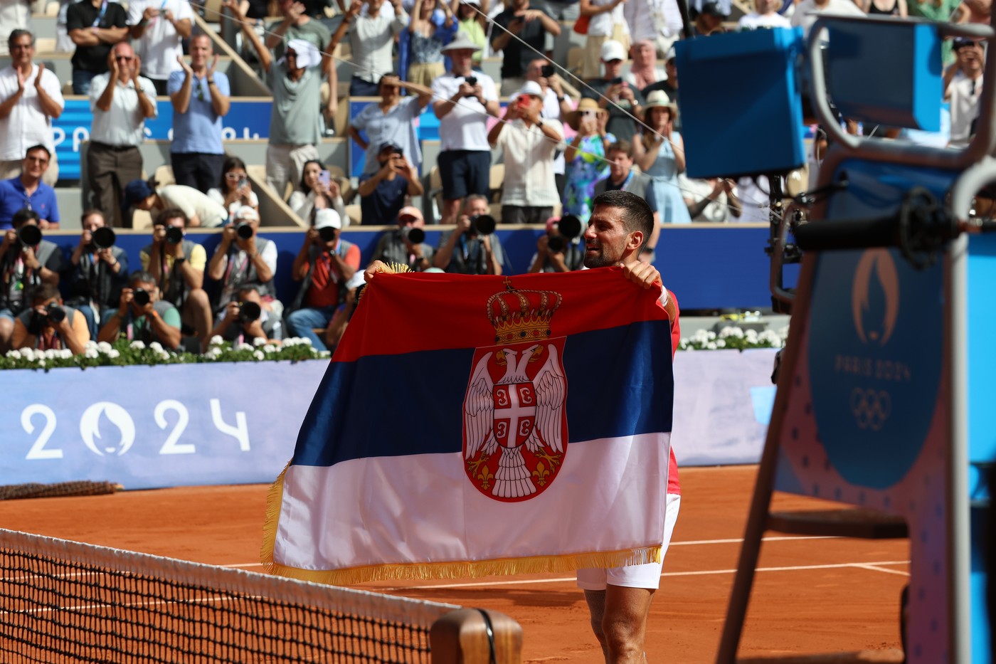 NOVAK DJOKOVIC of Serbia reacts to defeating CARLOS ALCARAZ of Spain, thus grabbing his elusive gold medal in the Tennis Men's Singles final at the Paris 2024 Olympic Games in Roland-Garros, France
Paris 2024: Tennis, Ile-De-France, France - 04 Aug 2024,Image: 895907113, License: Rights-managed, Restrictions: , Model Release: no
