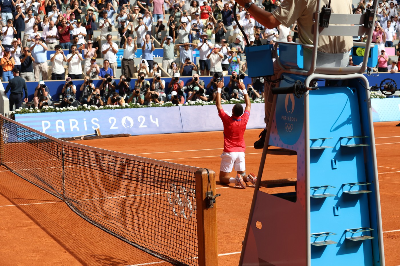 NOVAK DJOKOVIC of Serbia reacts to defeating CARLOS ALCARAZ of Spain, thus grabbing his elusive gold medal in the Tennis Men's Singles final at the Paris 2024 Olympic Games in Roland-Garros, France
Paris 2024: Tennis, Ile-De-France, France - 04 Aug 2024,Image: 895907224, License: Rights-managed, Restrictions: , Model Release: no