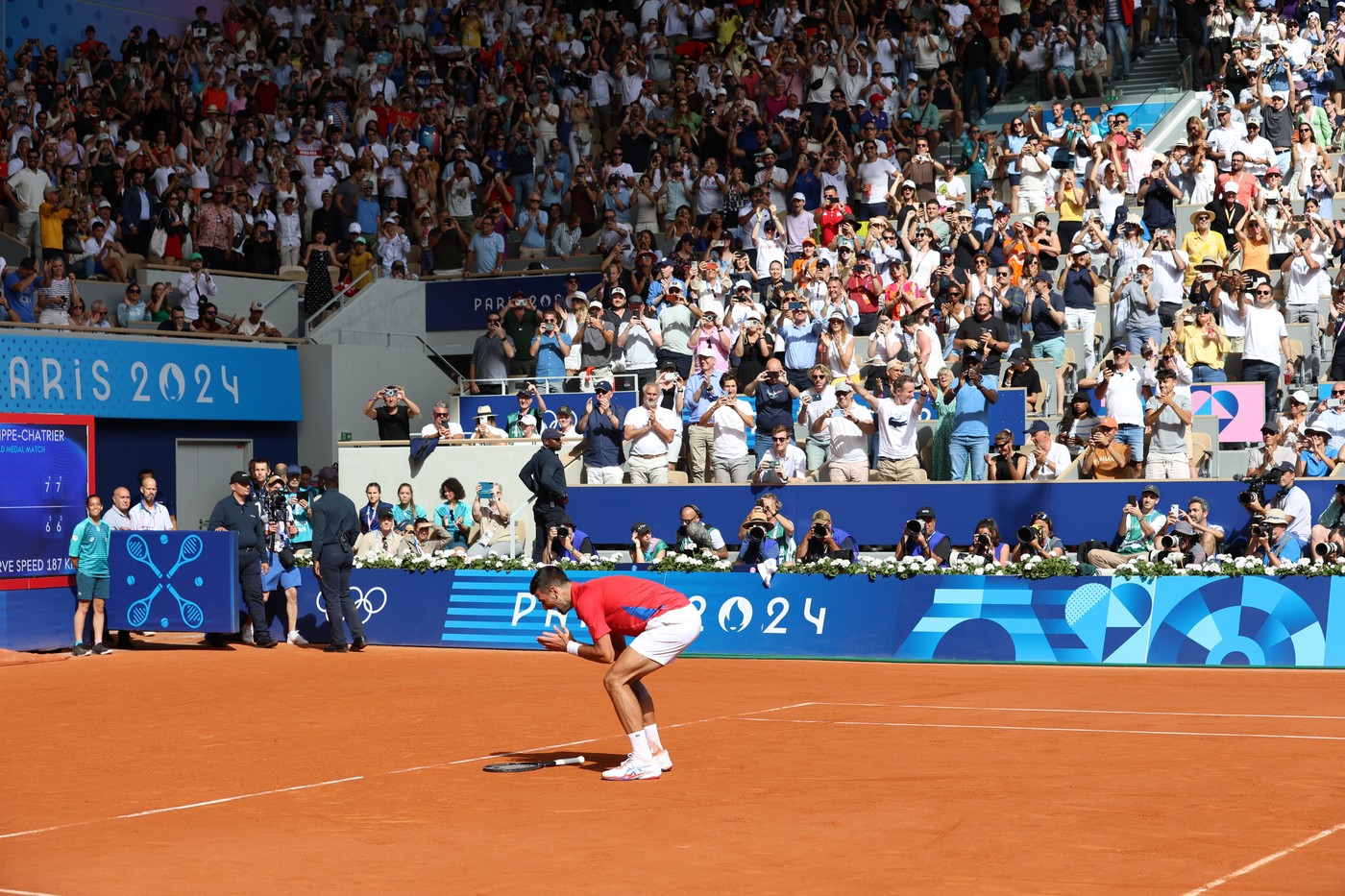 NOVAK DJOKOVIC of Serbia reacts to defeating CARLOS ALCARAZ of Spain, thus grabbing his elusive gold medal in the Tennis Men's Singles final at the Paris 2024 Olympic Games in Roland-Garros, France
Paris 2024: Tennis, Ile-De-France, France - 04 Aug 2024,Image: 895907269, License: Rights-managed, Restrictions: , Model Release: no