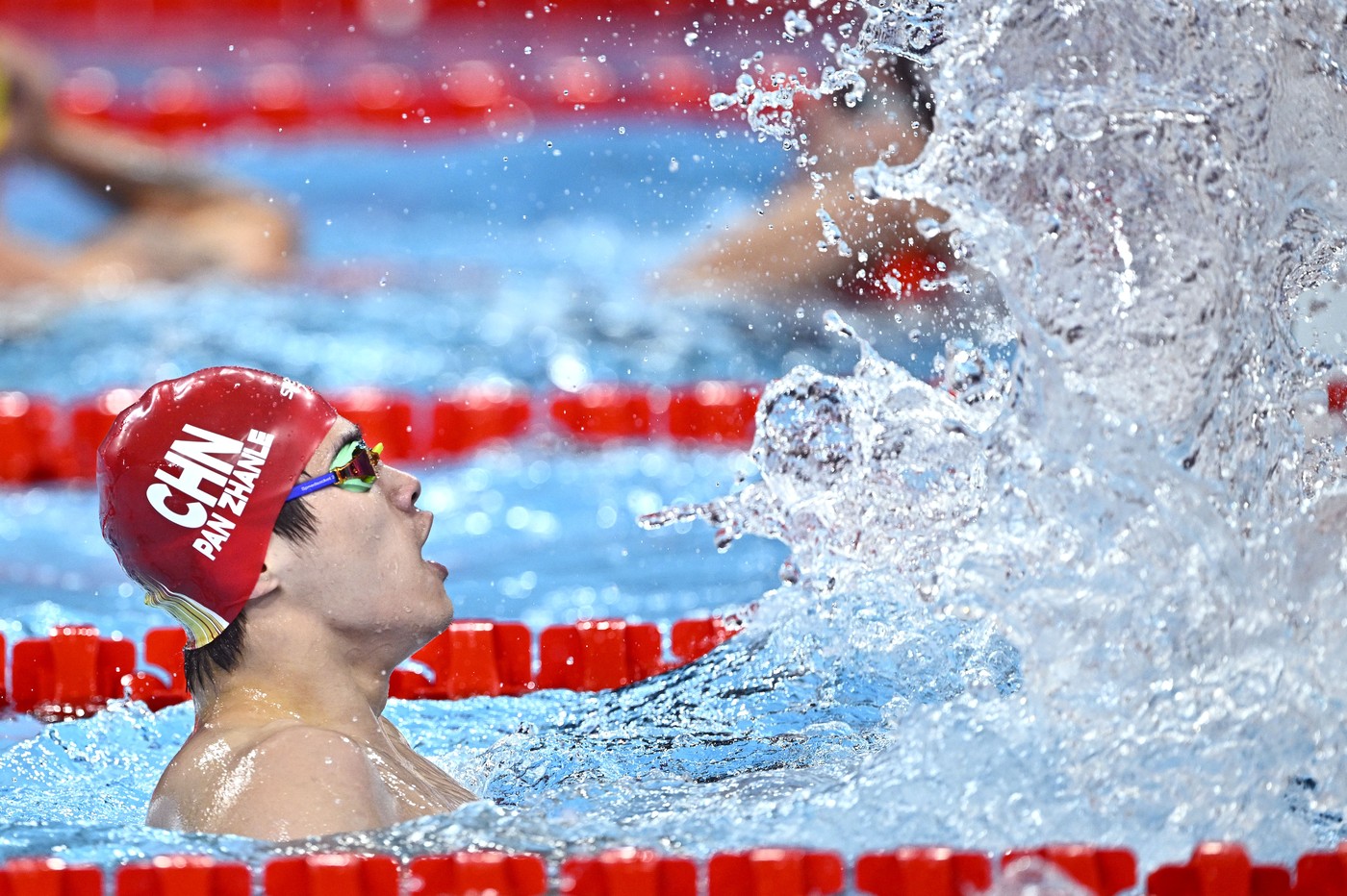PARIS, Aug. 4, 2024  -- Pan Zhanle of Team China reacts after the men's 4 x 100m medley relay final of swimming at Paris 2024 Olympic Games in Paris, France, on Aug. 4, 2024.,Image: 895955223, License: Rights-managed, Restrictions: , Model Release: no