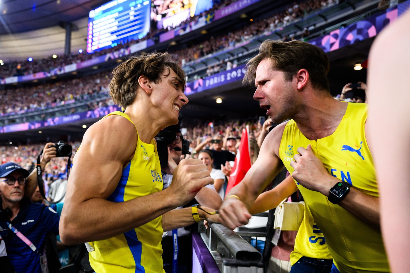 Armand Duplantis of Sweden celebrates after clearing 6,25 and setting a new world record in men's athletics pole vault final during day 10 of the Paris 2024 Olympic Games on August 5, 2024 in Paris.
Paris 2024 Olympics, Day 10, Athletics, France - 05 Aug 2024,Image: 896313558, License: Rights-managed, Restrictions: , Model Release: no
