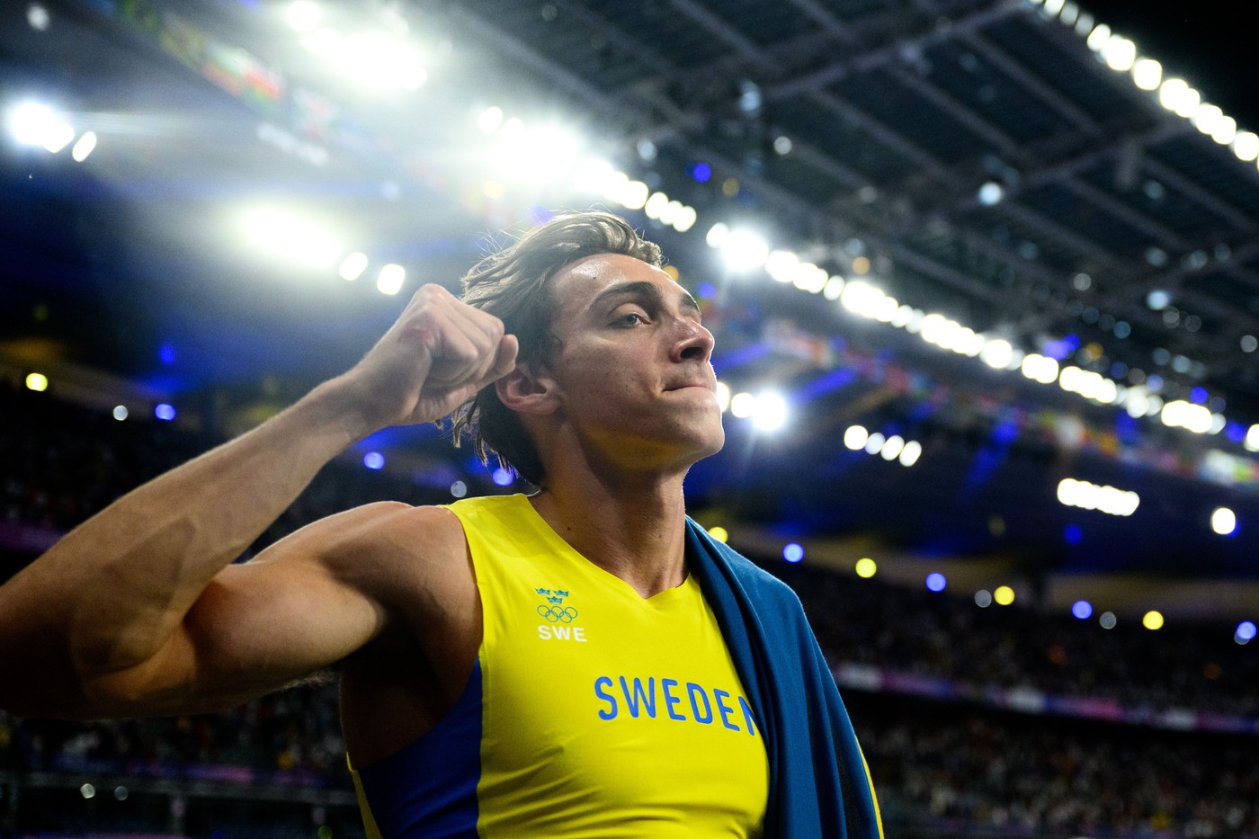 Armand Duplantis of Sweden celebrates after clearing 6,25 meters in men's athletics pole vault final and setting a new world record during day 10 of the Paris 2024 Olympic Games on August 5, 2024 in Paris.
Paris 2024 Olympics, Day 10, Athletics, France - 05 Aug 2024,Image: 896313599, License: Rights-managed, Restrictions: , Model Release: no