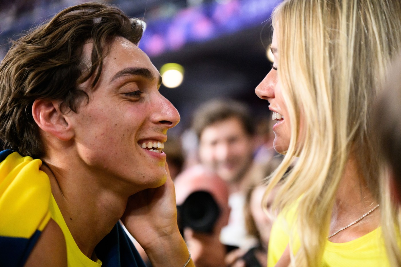 Armand Duplantis of Sweden celebrates with his girlfriend Desiré Inglander after clearing 6,25 and setting a new world record in men's athletics pole vault final during day 10 of the Paris 2024 Olympic Games on August 5, 2024 in Paris.
Paris 2024 Olympics, Day 10, Athletics, France - 05 Aug 2024,Image: 896313715, License: Rights-managed, Restrictions: , Model Release: no