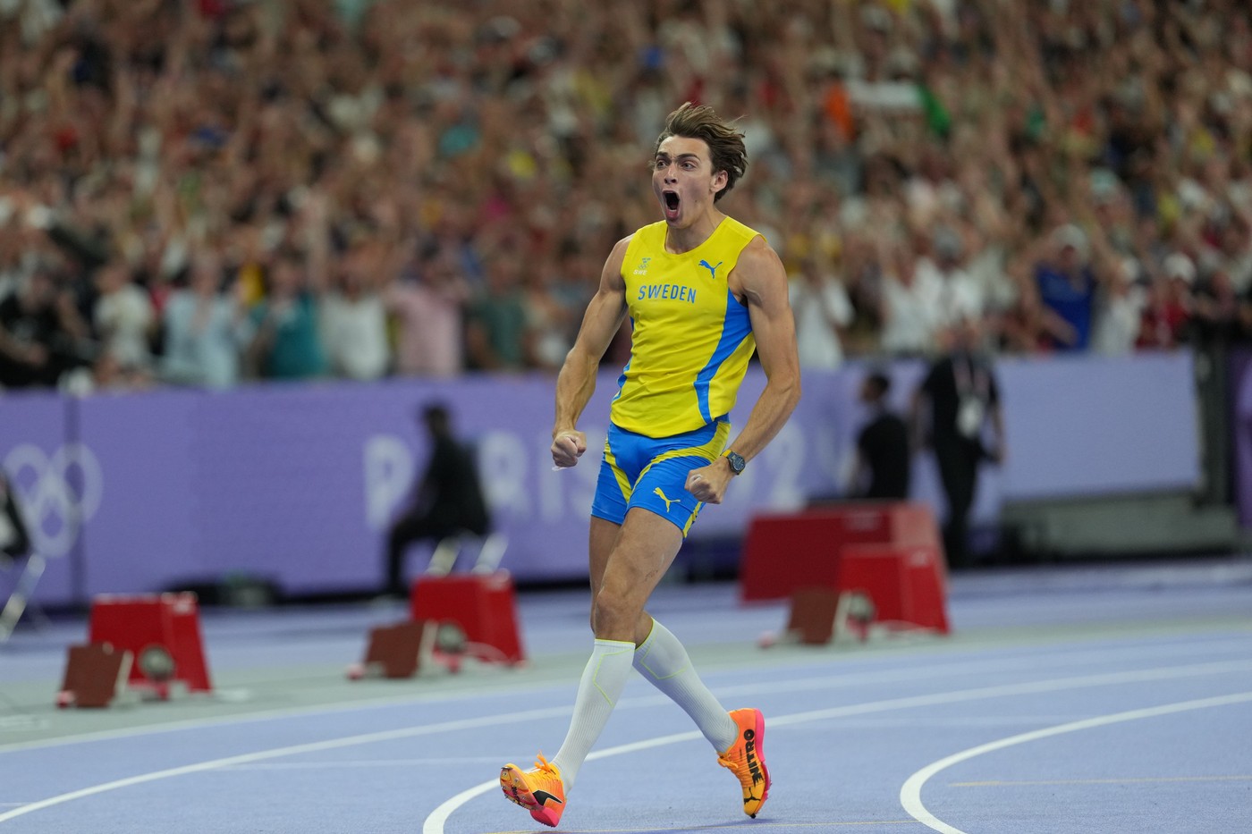 Armand Duplantis of Sweden celebrates after winning gold and setting a new World Record in the Men's Pole Vault
Paris 2024 Olympic Games, Day Ten, Paris, France - 05 Aug 2024,Image: 896314390, License: Rights-managed, Restrictions: , Model Release: no