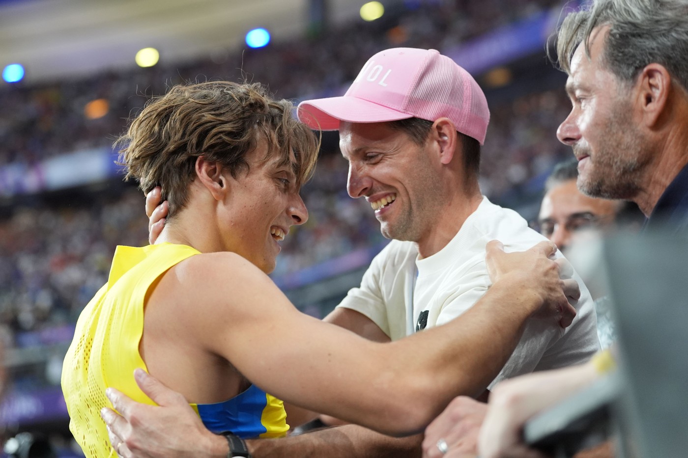 Armand Duplantis of Sweden celebrates with former Olympic champion and World Record holder Renaud Lavillenie of France after winning gold and setting a new World Record in the Men's Pole Vault
Paris 2024 Olympic Games, Day Ten, Paris, France - 05 Aug 2024,Image: 896314536, License: Rights-managed, Restrictions: , Model Release: no
