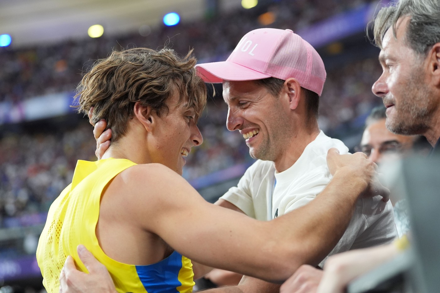 Armand Duplantis of Sweden celebrates with former Olympic champion and World Record holder Renaud Lavillenie of France after winning gold and setting a new World Record in the Men's Pole Vault
Paris 2024 Olympic Games, Day Ten, Paris, France - 05 Aug 2024,Image: 896314550, License: Rights-managed, Restrictions: , Model Release: no