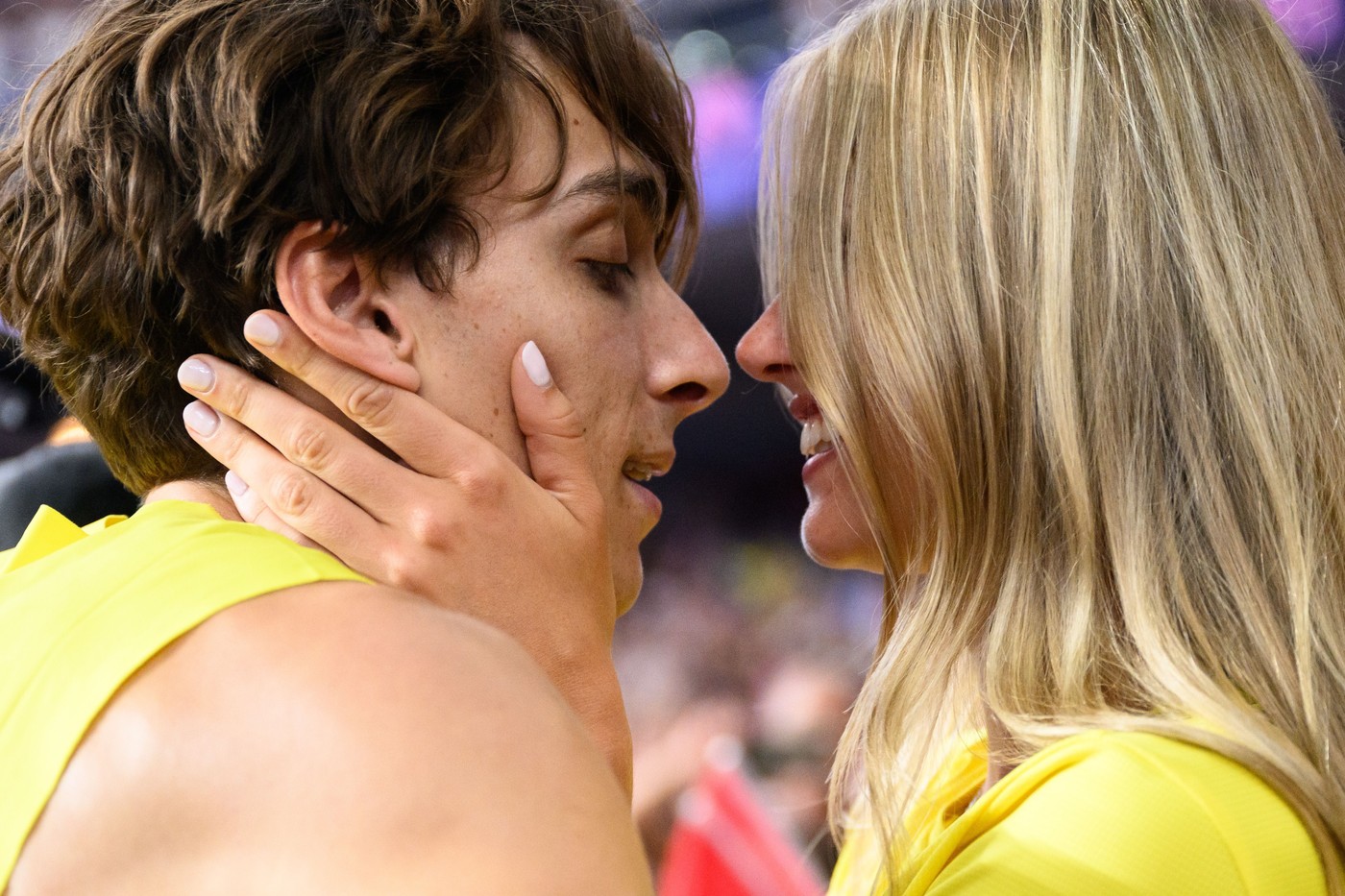 Armand Duplantis of Sweden celebrate with girlfriend Desiré Inglander after clearing 6,25 and setting a new world record in men's athletics pole vault final during day 10 of the Paris 2024 Olympic Games on August 5, 2024 in Paris.
Paris 2024 Olympics, Day 10, Athletics, France - 05 Aug 2024,Image: 896315002, License: Rights-managed, Restrictions: , Model Release: no