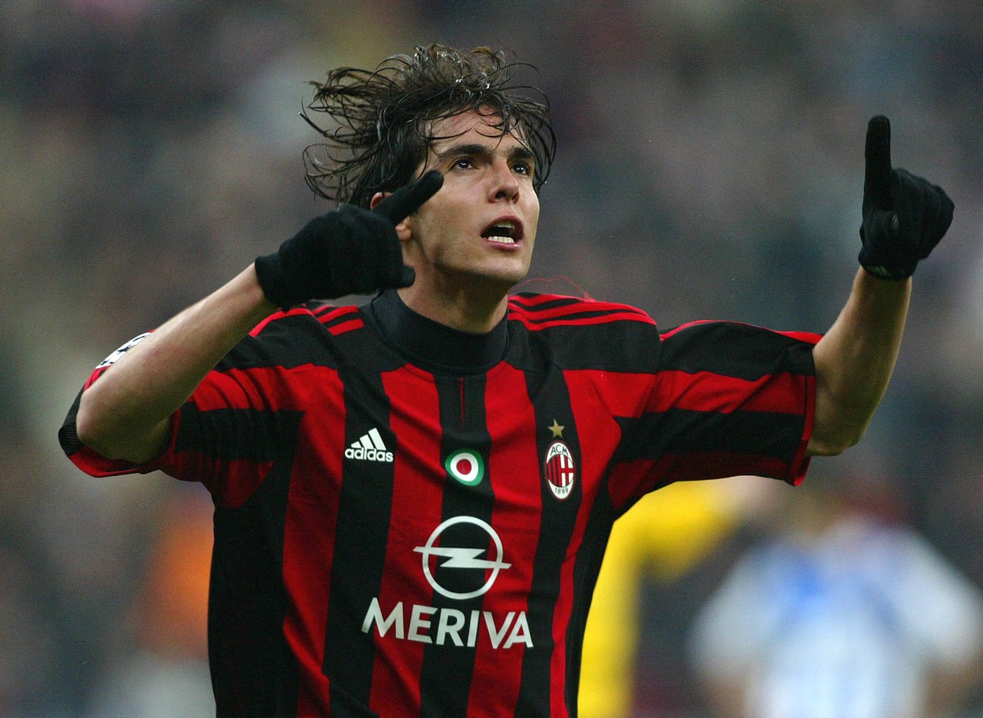 AC Milan's player Brazilian Kaka celebrates after scoring against Deportivo Coruna during the European Champions League matchday 4 first leg football match at San Siro Stadium in Milan, 23 March 2004.,Image: 72740081, License: Rights-managed, Restrictions: , Model Release: no