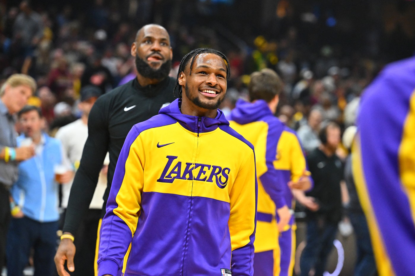 CLEVELAND, OHIO - OCTOBER 30: Bronny James #9 and LeBron James #23 of the Los Angeles Lakers warms up prior to the game against the Cleveland Cavaliers at Rocket Mortgage Fieldhouse on October 30, 2024 in Cleveland, Ohio.,Image: 928463693, License: Rights-managed, Restrictions: , Model Release: no