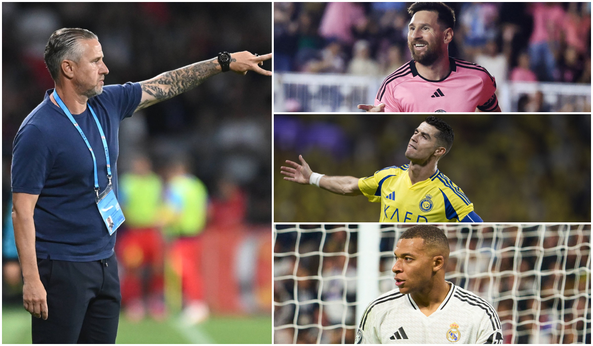 Colaj cu Laurențiu Reghecampf, Lionel Messi, Cristiano Ronaldo și Kylian Mbappe