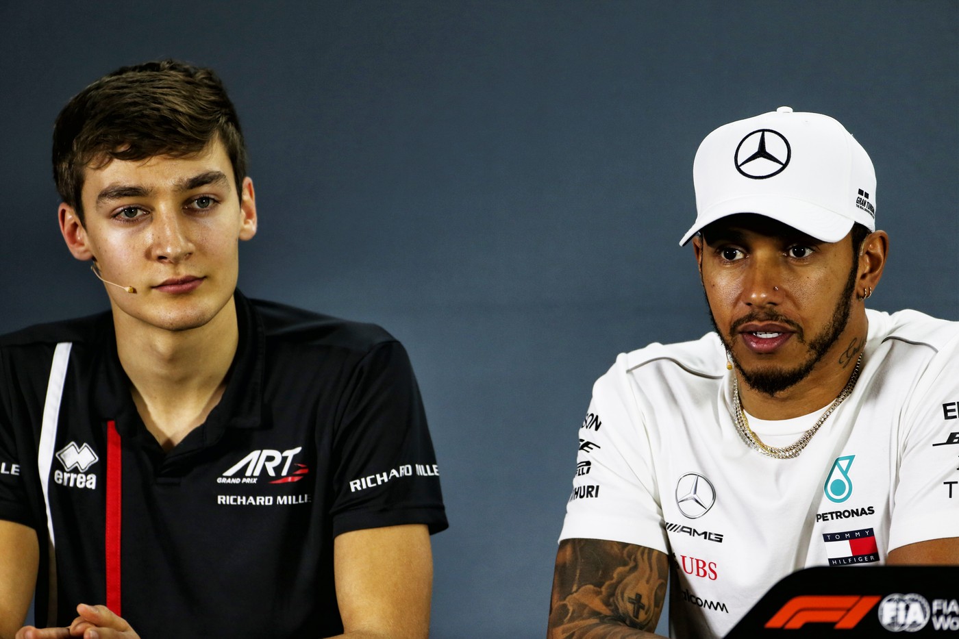 (L to R): George Russell (GBR) Art Grand Prix F2 Driver / Mercedes AMG F1 Reserve Driver / Williams and Lewis Hamilton (GBR) Mercedes AMG F1 in the FIA Press Conference.
Abu Dhabi Grand Prix, Thursday 22nd November 2018. Yas Marina Circuit, Abu Dhabi, UAE.,Image: 397709749, License: Rights-managed, Restrictions: World Rights - Editorial use only, Model Release: no